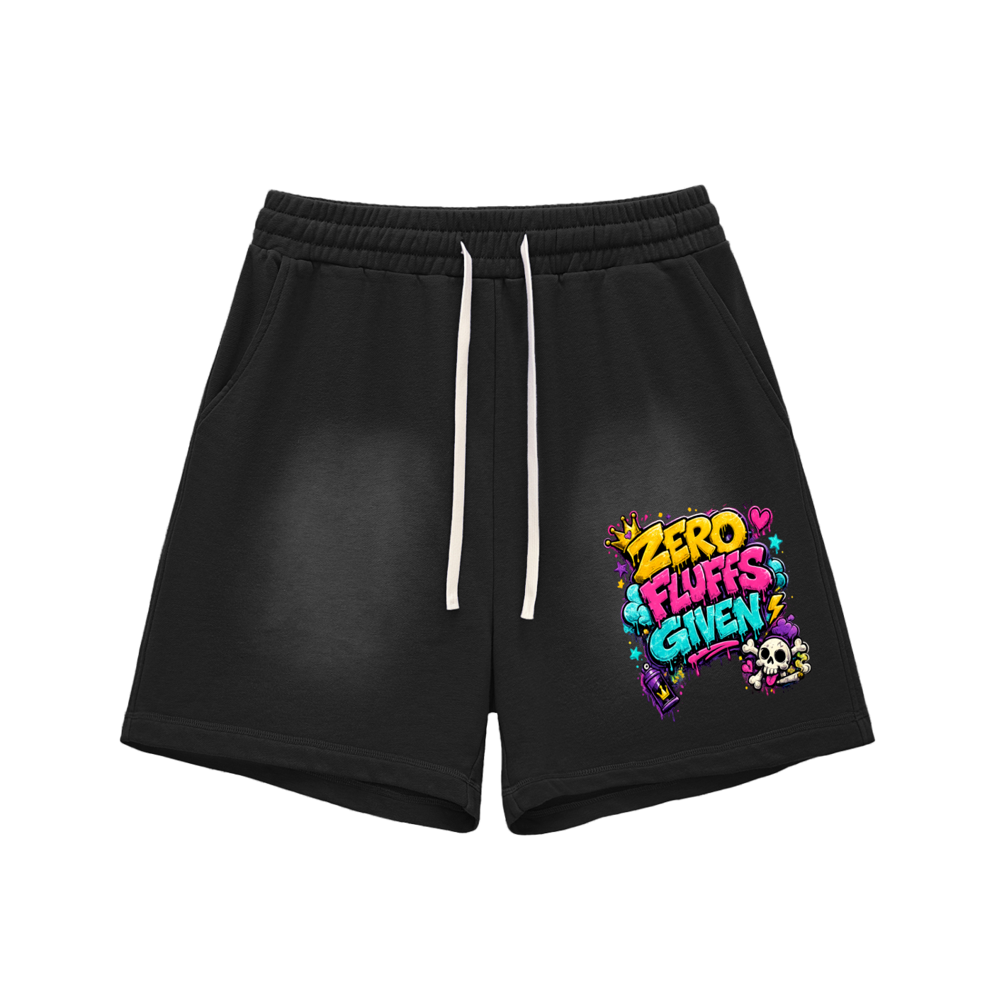 Sun Fade Raw Edge Cotton Shorts w/ Custom Zero Fluffs Given Graphic Design Front