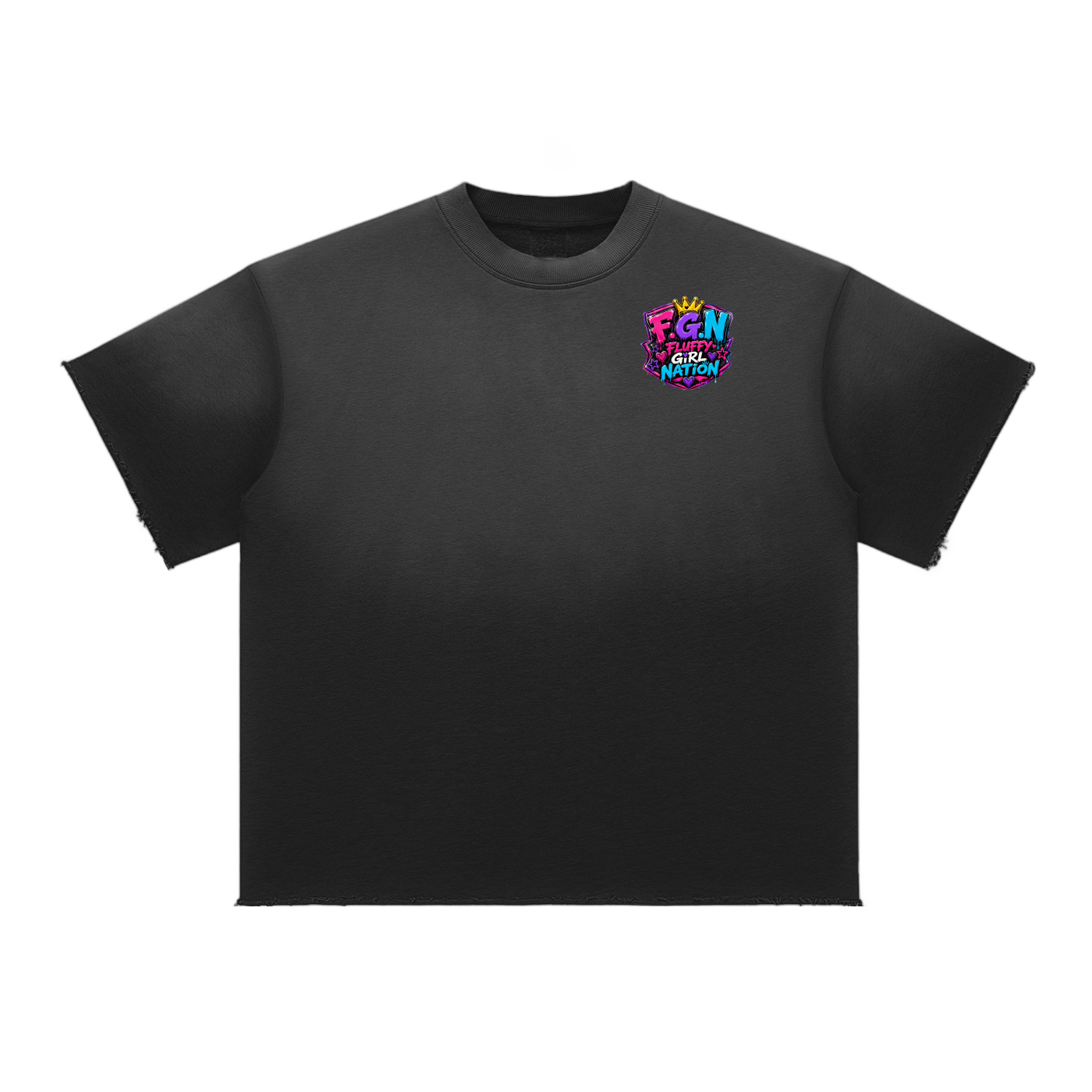 Sun Fade Raw Edge T-Shirt w/ Custom Graphic Design-Respect My Fluffy_Back & FGN Logo_Back