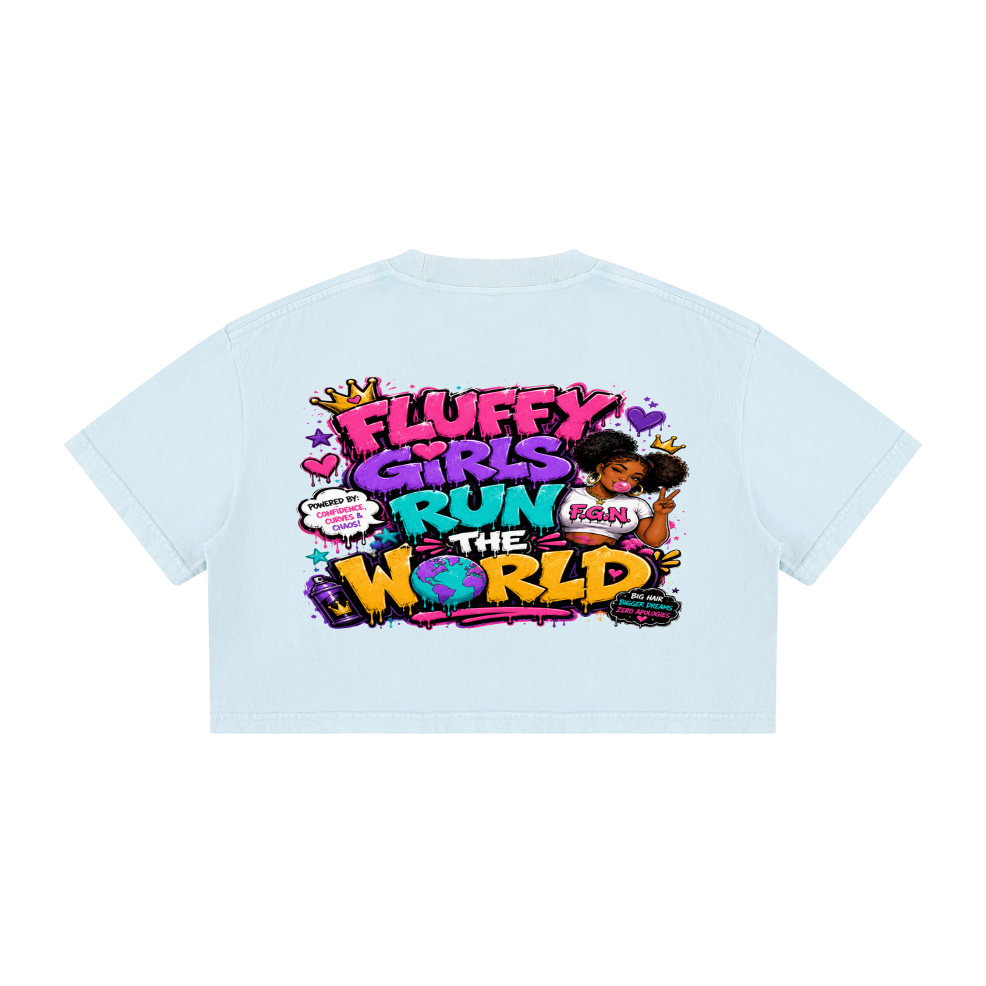 Women's Mineral Wash Cotton Crop T-shirt w/ Custom FGN Logo Front & Graphic Design Fluffy Girls Rule Back