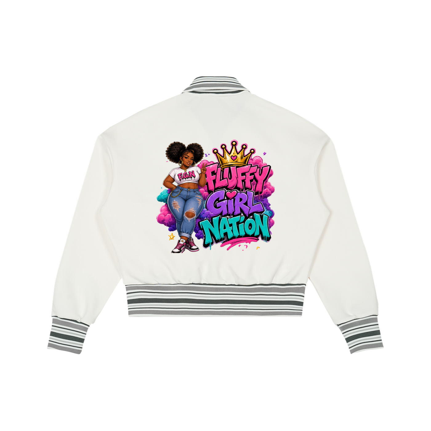Striped Rib Collar Zip Jacket w/ Custom FGN Logo Front & FGN w/ Girl Graphic Design Back
