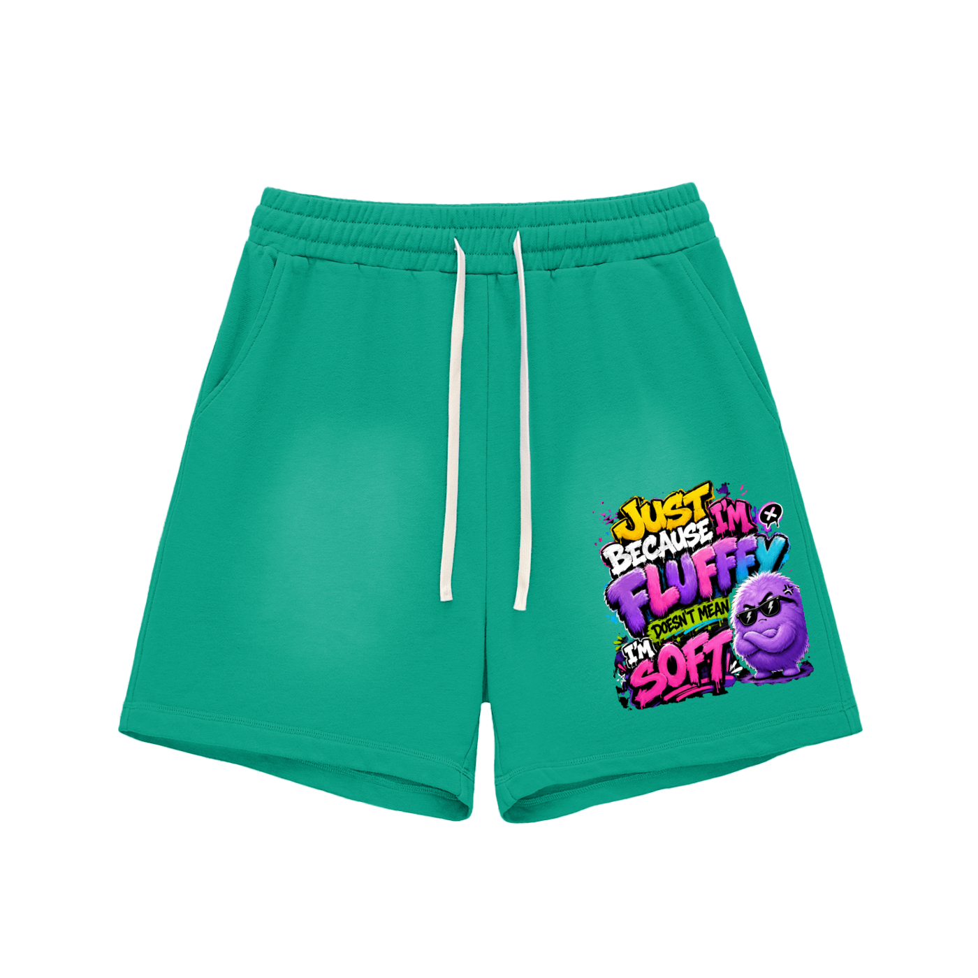 Sun Fade Raw Edge Cotton Shorts w/ Custom FGN Graphic Design-Just Because I'm Fluffy Front