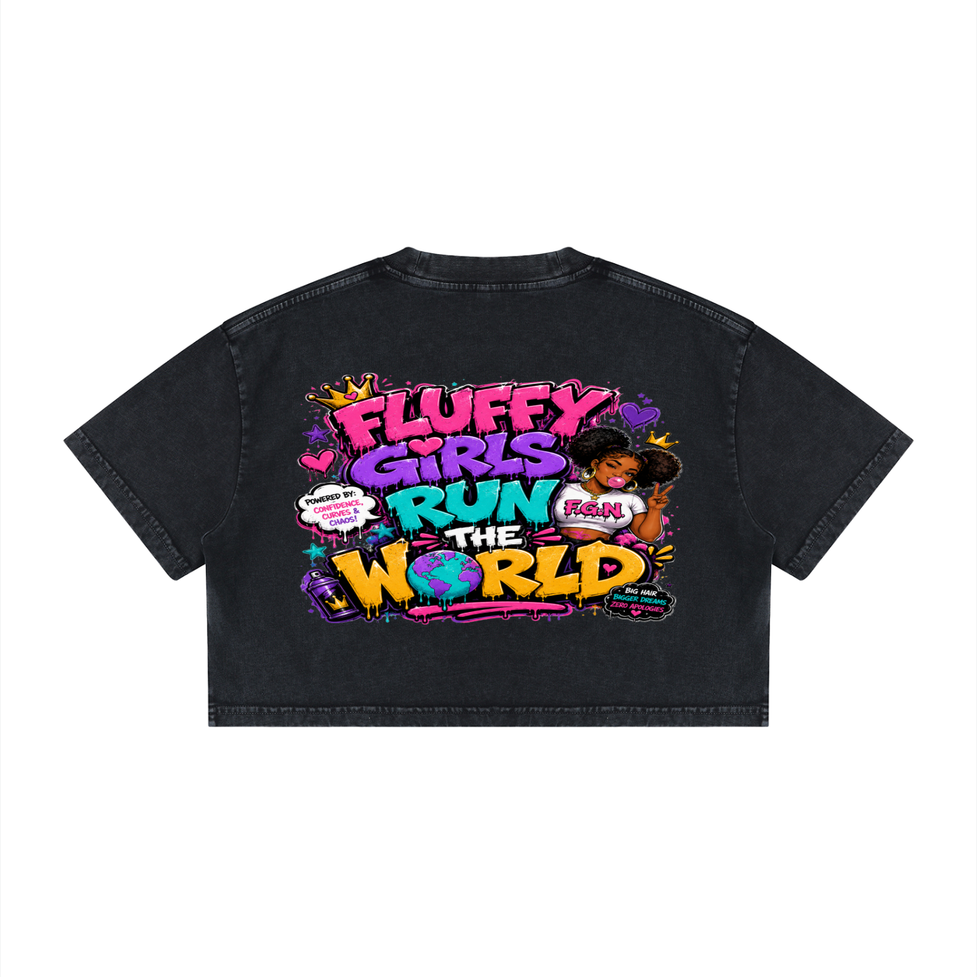 Women's Mineral Wash Cotton Crop T-shirt w/ Custom FGN Logo Front & Graphic Design Fluffy Girls Rule Back