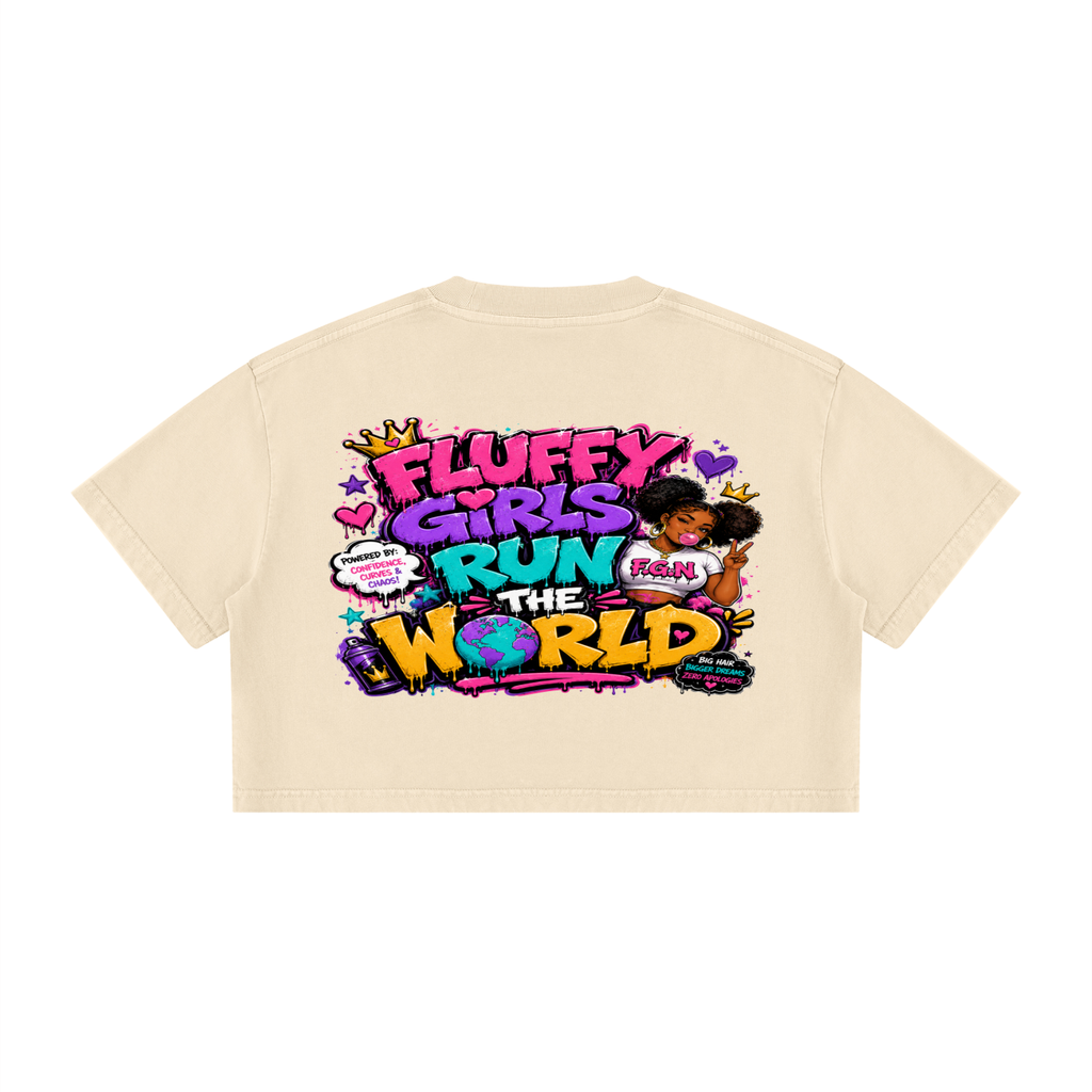 Women's Mineral Wash Cotton Crop T-shirt w/ Custom FGN Logo Front & Graphic Design Fluffy Girls Rule Back