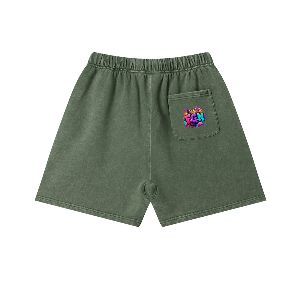 Unisex Vintage Wash Cotton Shorts w/ Custom Graphic Design_Heavy on the Curves_Front & FGN Logo_Back Pocket