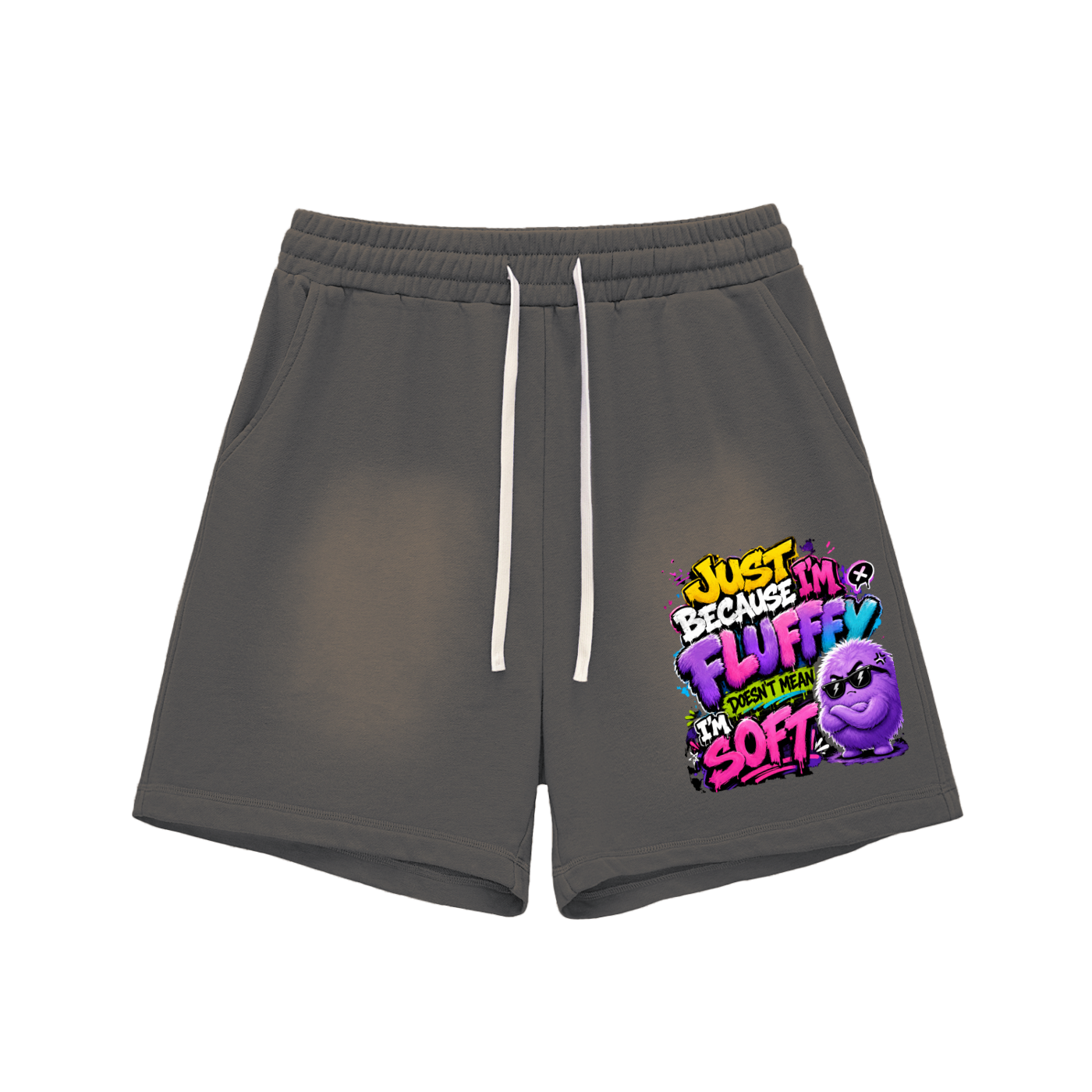 Sun Fade Raw Edge Cotton Shorts w/ Custom FGN Graphic Design-Just Because I'm Fluffy Front