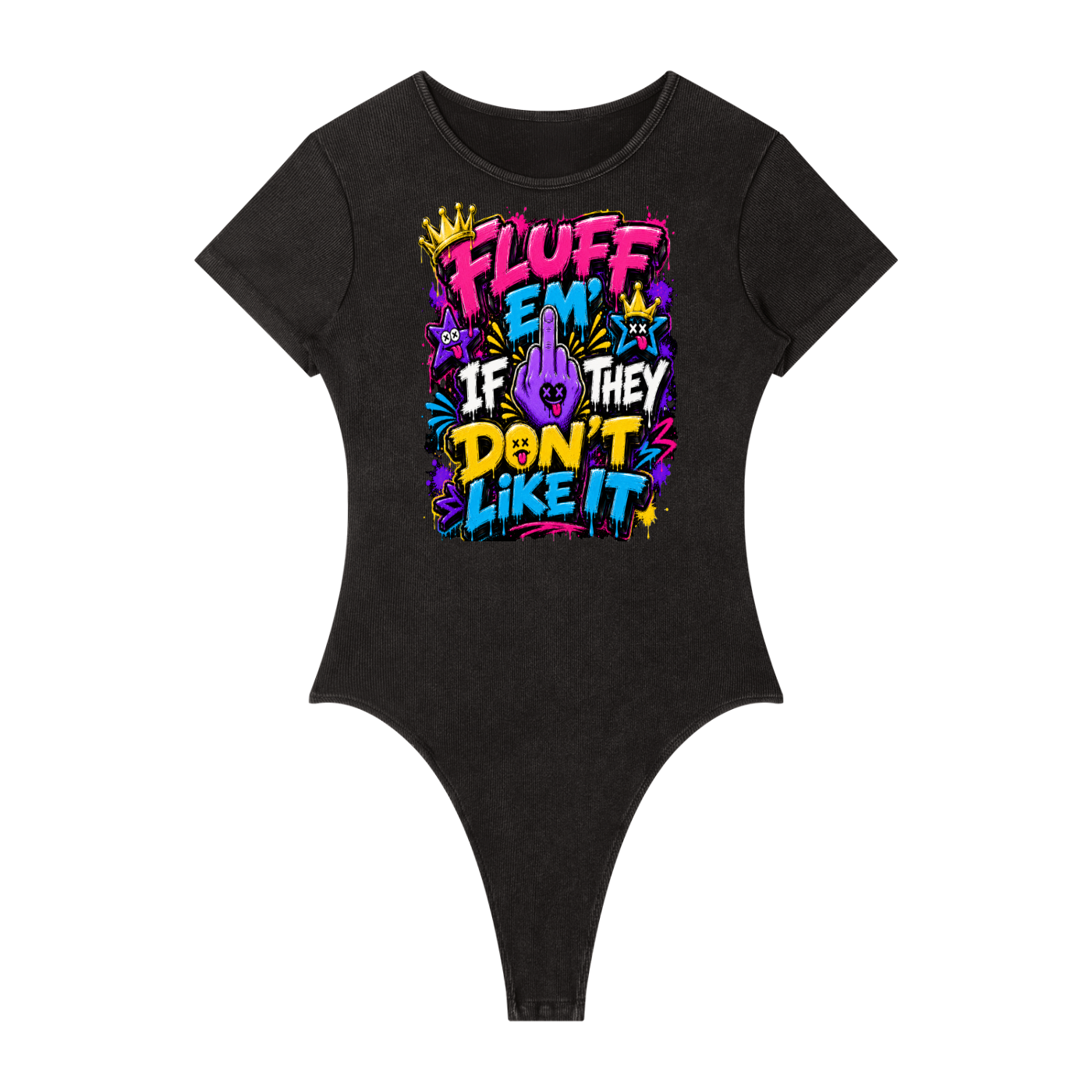 Women's Mineral Wash Crewneck Bodysuit w/ Custom Graphic Design_Fluff Em'_Front & FGN Logo_Back