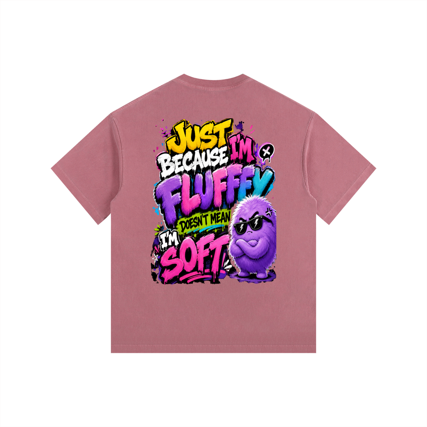 Vintage Washed Oversized Cotton T-Shirt w/ Custom Graphic Design_Just Because I'm Fluffy_Back & FGN Logo_Front
