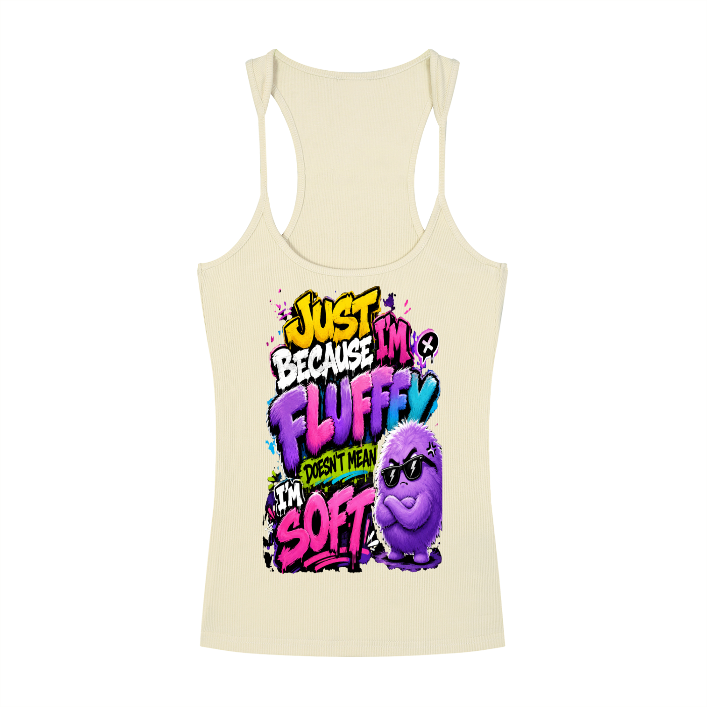 Slim Fit Ribbed Racerback Tank Top w/ Custom FGN Just Because I'm Fluffy...Graphic Design Front