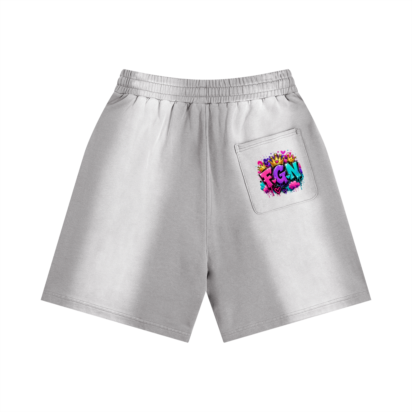 Sun Fade Distressed Shorts w/ Custom Graphic Design Zero Fluffs Given Front & FGN Logo Back