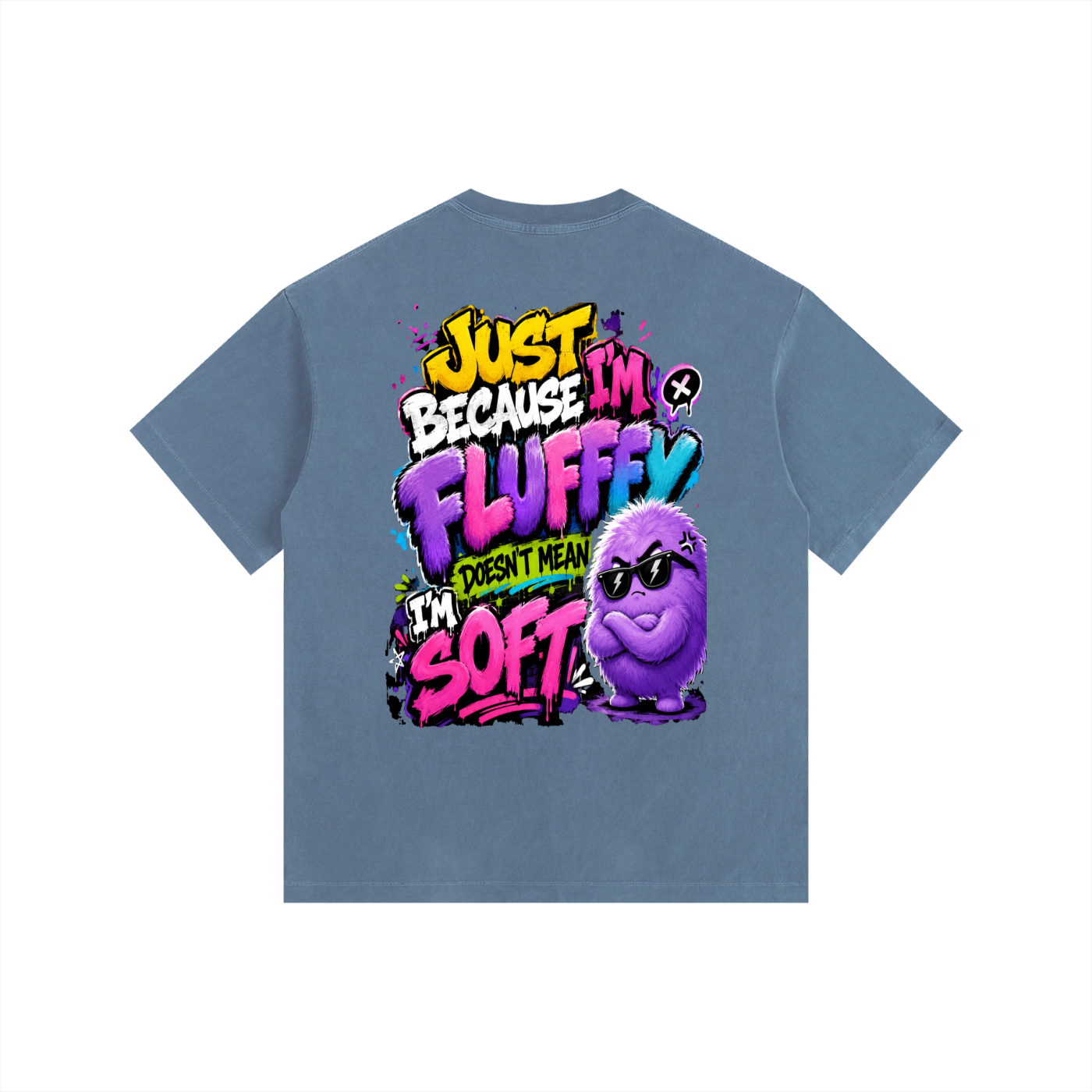 Vintage Washed Oversized Cotton T-Shirt w/ Custom Graphic Design_Just Because I'm Fluffy_Back & FGN Logo_Front