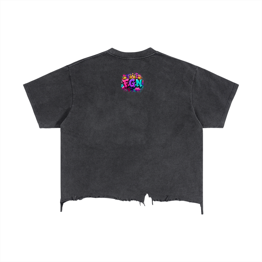 Vintage Wash Boxy Distressed Hem T-Shirt w/ Custom FGN Logo Back  & Just Because I'm Fluffy Graphic Design Front