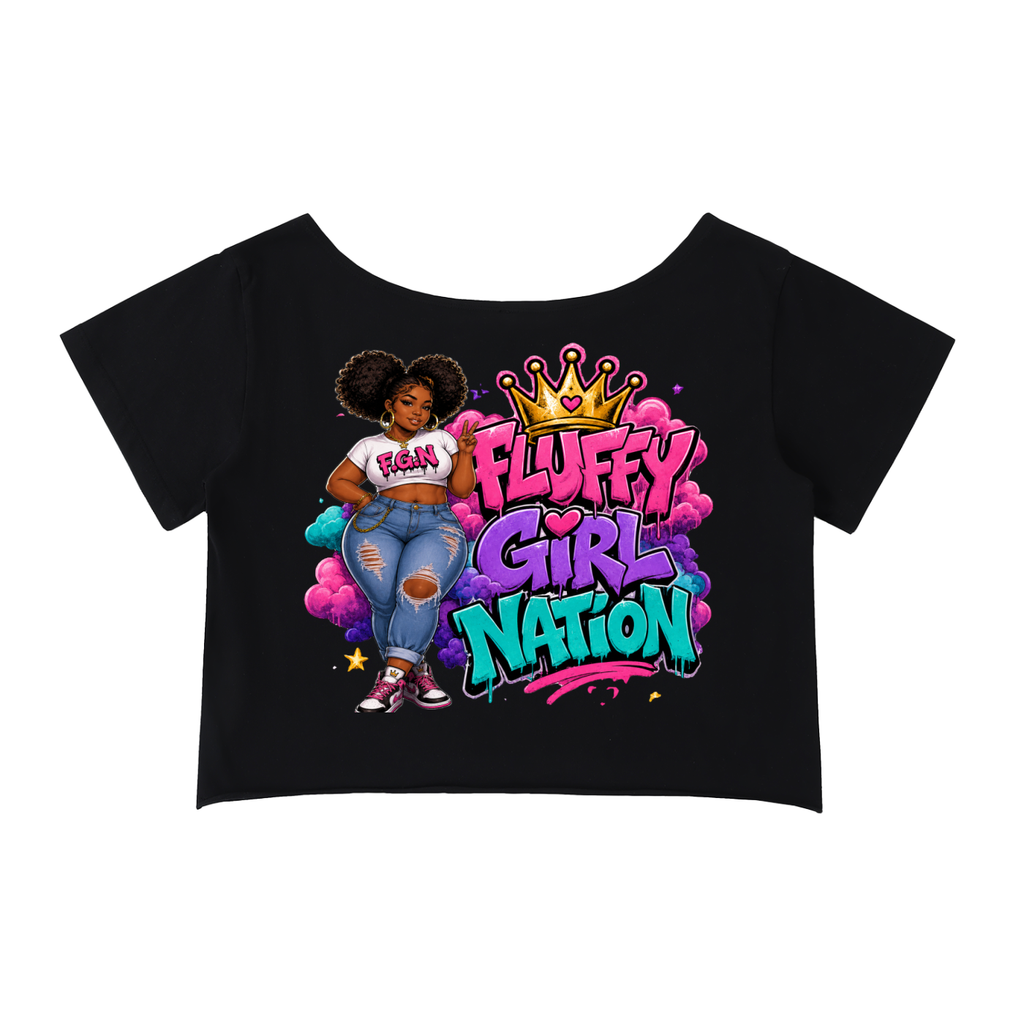 Off-Shoulder Rolled Hem Cotton T-Shirt w/ Custom FGN Logo Front & FGN w/Girl Graphic Design Back