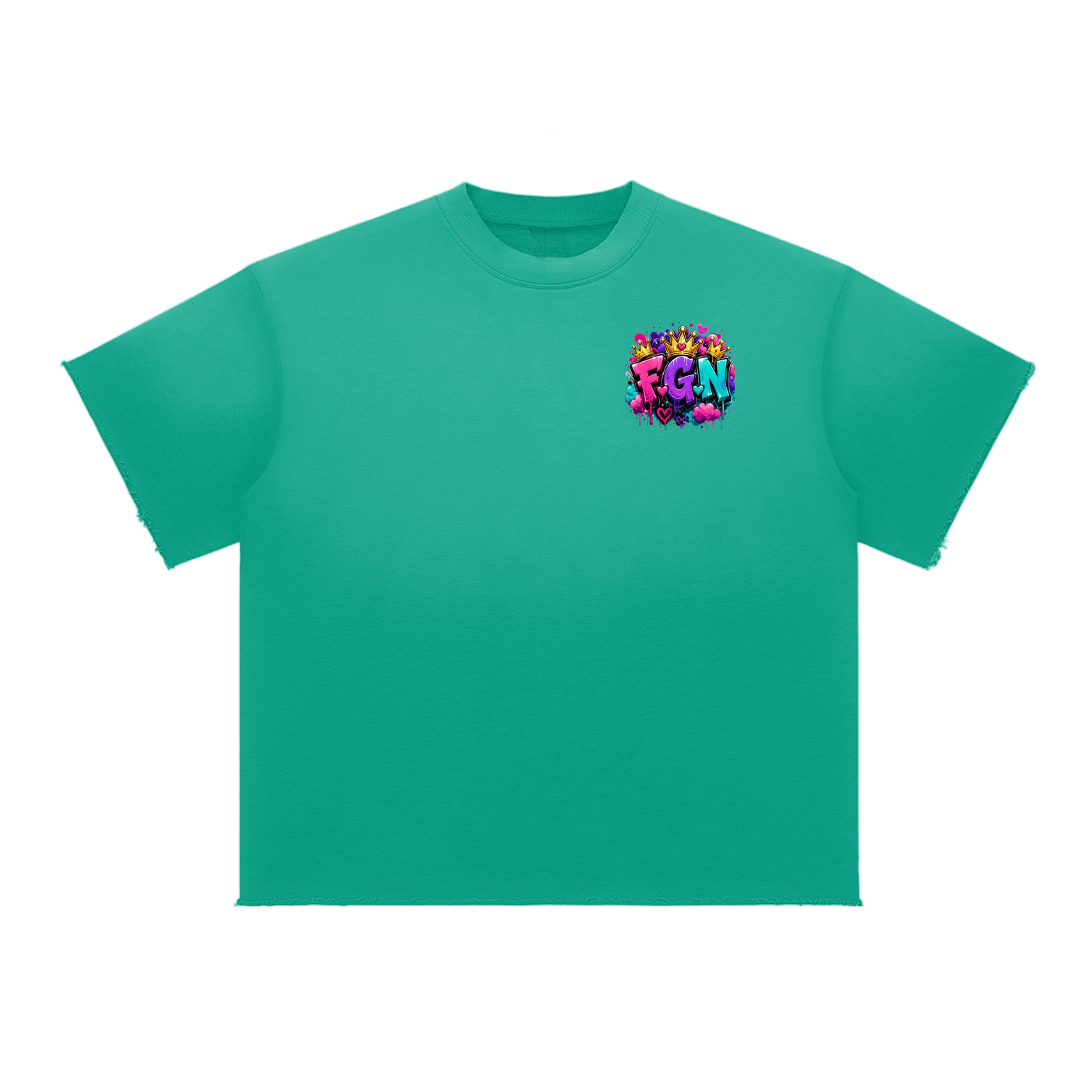 Sun Fade Raw Edge T-Shirt w/ Custom FGN Logo Front & Just Because I'm Fluffy Graphic Design Back