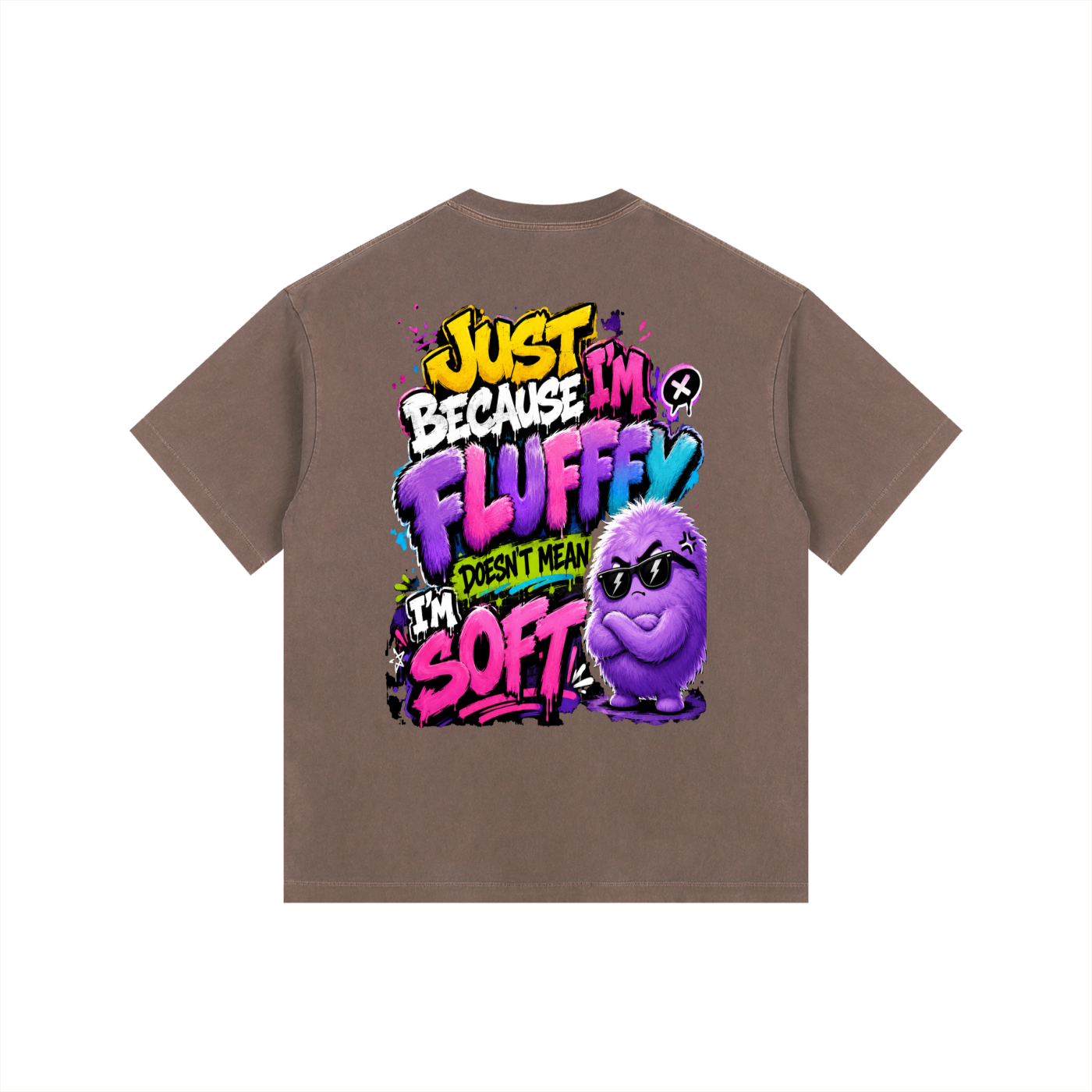 Vintage Washed Oversized Cotton T-Shirt w/ Custom Graphic Design_Just Because I'm Fluffy_Back & FGN Logo_Front
