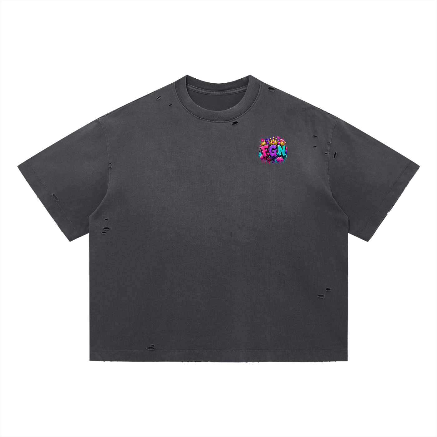 Vintage Washed Distressed Boxy Oversized T-Shirt w/ Custom FGN Logo Front & Graphic Design Zero Fluffs Given...Back