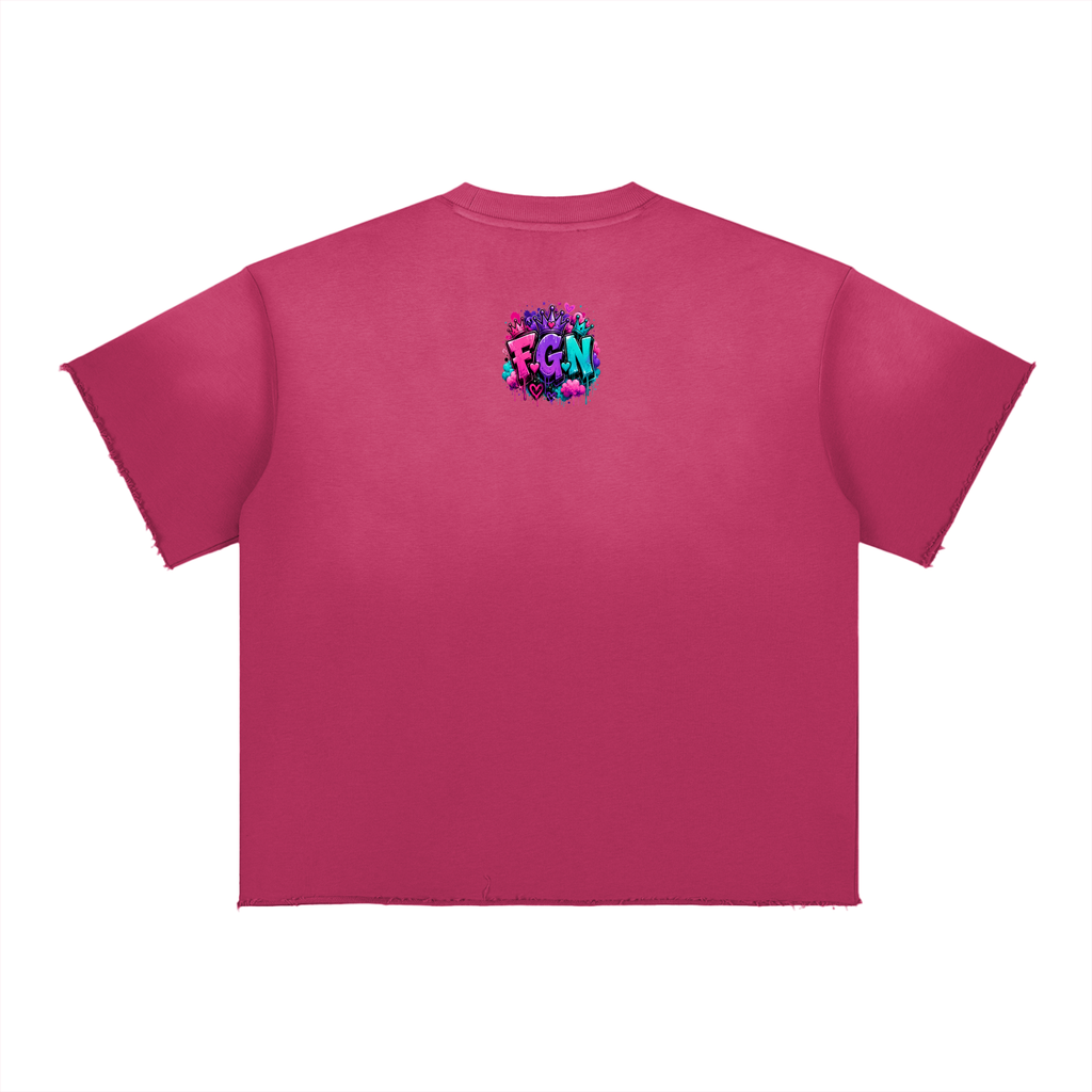 Sun Fade Raw Edge T-Shirt w/ Custom FGN Graphic Design Kiss My Fluff Front & FGN Logo Back
