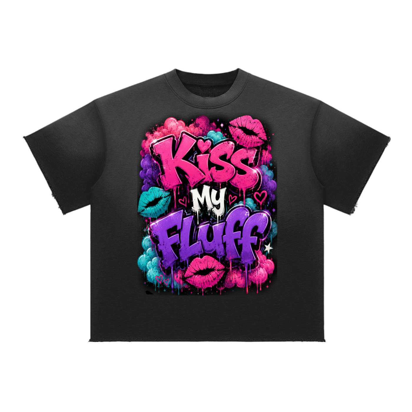 Sun Fade Raw Edge T-Shirt w/ Custom FGN Graphic Design Kiss My Fluff Front & FGN Logo Back