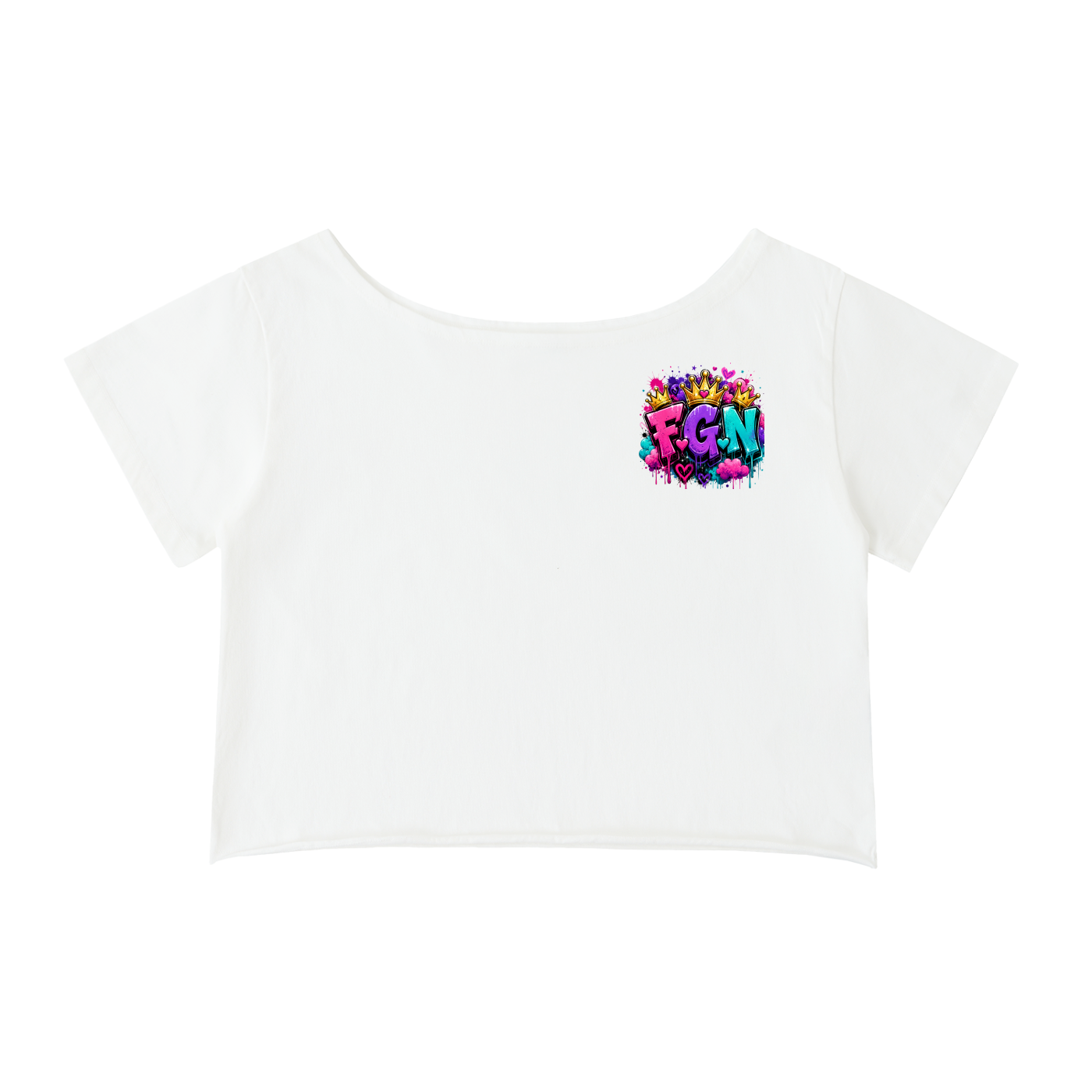 Off-Shoulder Rolled Hem Cotton T-Shirt w/ Custom FGN Logo Front & FGN w/Girl Graphic Design Back