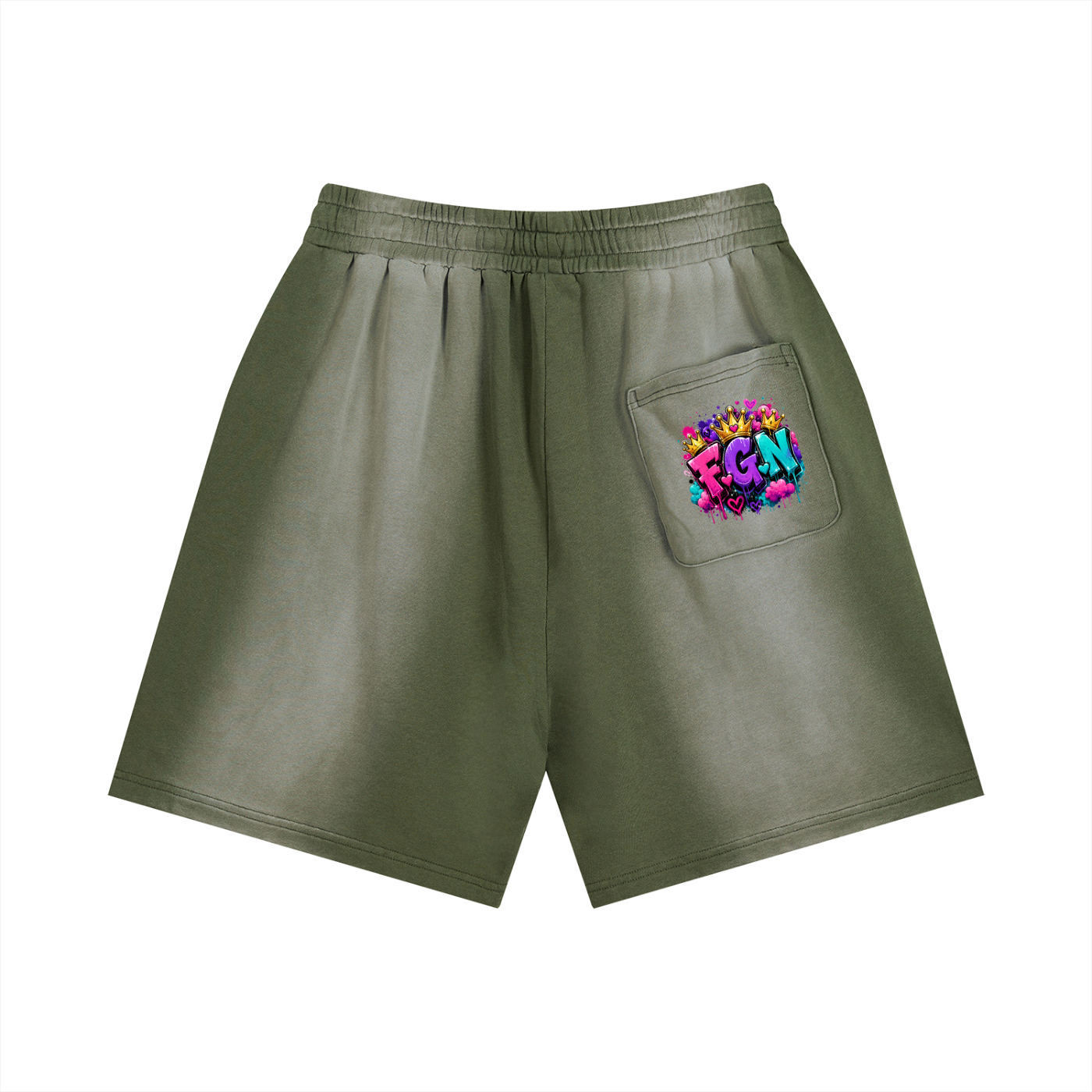 Sun Fade Distressed Shorts w/ Custom Graphic Design Zero Fluffs Given Front & FGN Logo Back