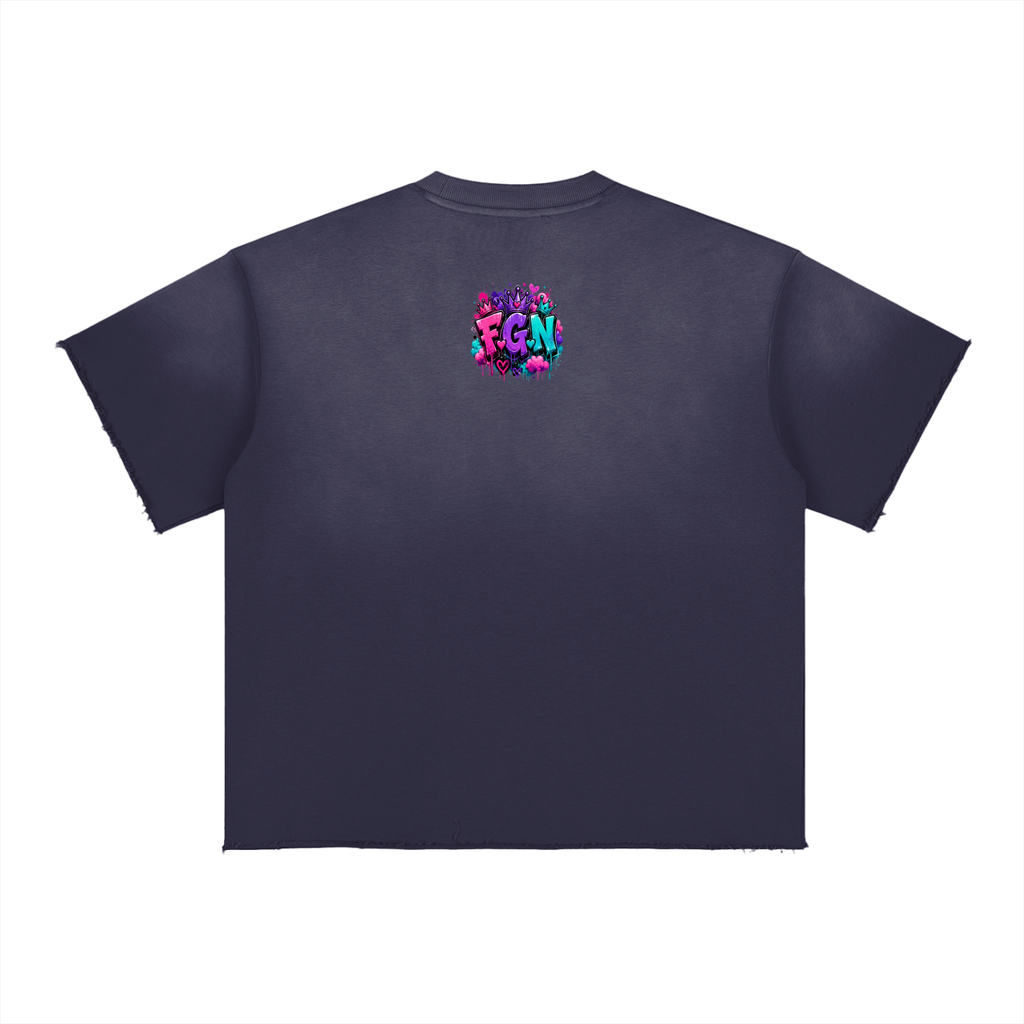 Sun Fade Raw Edge T-Shirt w/ Custom FGN Graphic Design Kiss My Fluff Front & FGN Logo Back