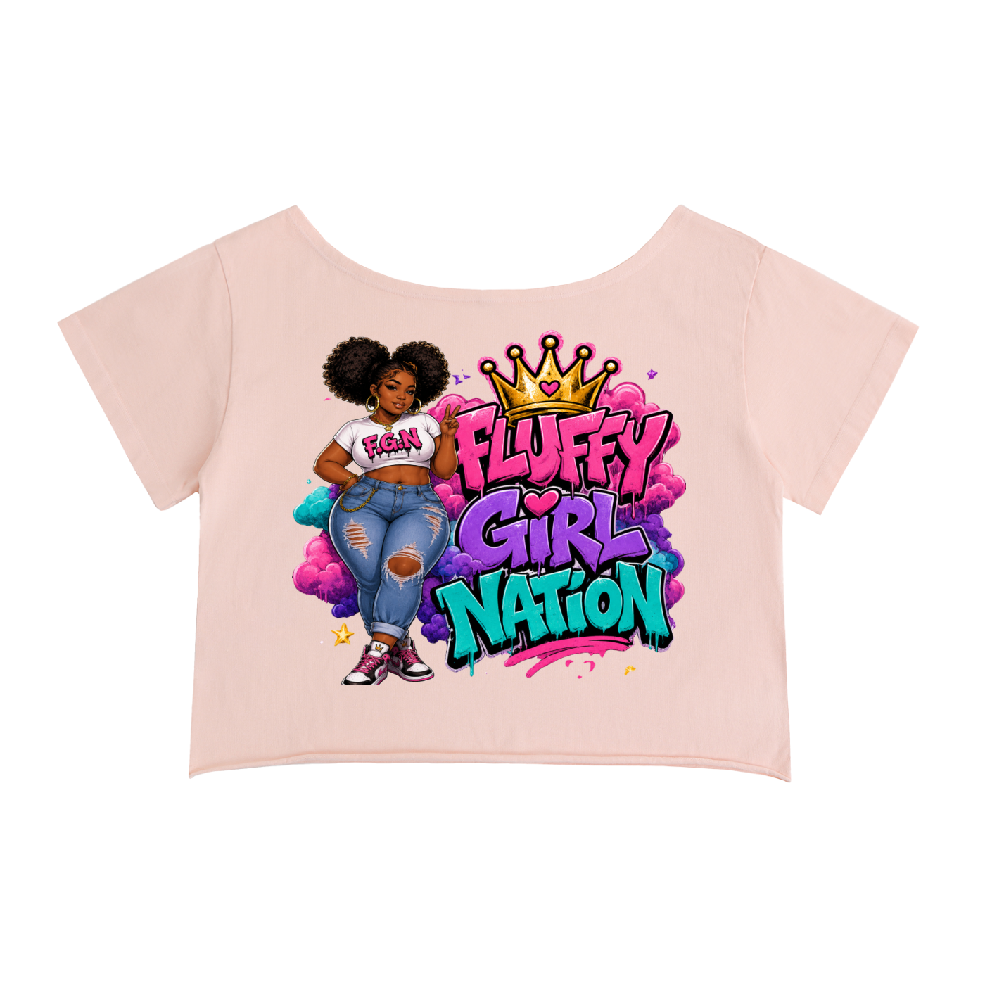 Off-Shoulder Rolled Hem Cotton T-Shirt w/ Custom FGN Logo Front & FGN w/Girl Graphic Design Back