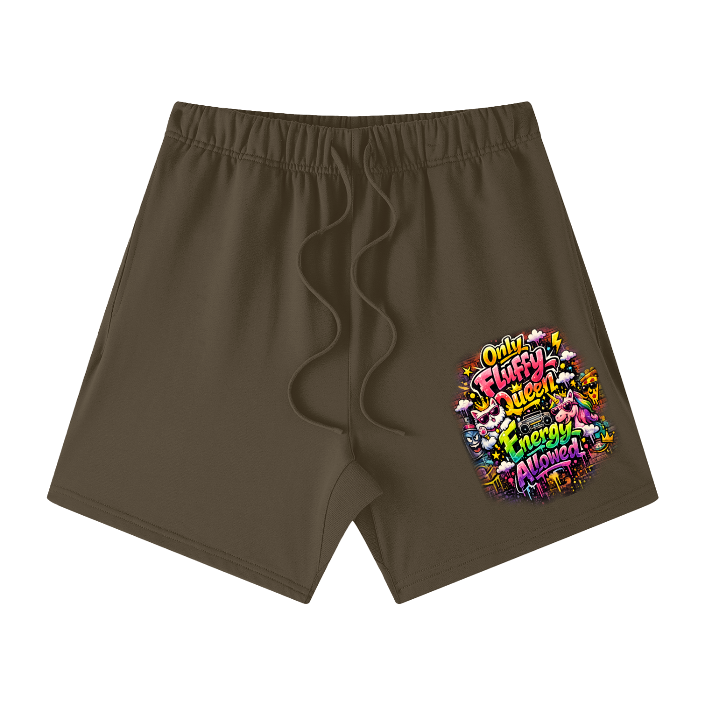 Unisex Earth Tone Loose Fit Cotton Shorts w/ Custom Graphic Design_Only Fluffy Girl Energy_Front