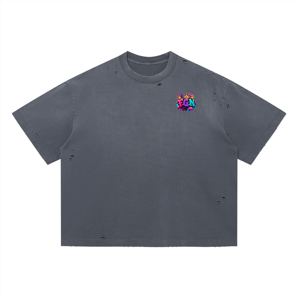 Vintage Washed Distressed Boxy Oversized T-Shirt w/ Custom FGN Logo Front & Graphic Design Zero Fluffs Given...Back