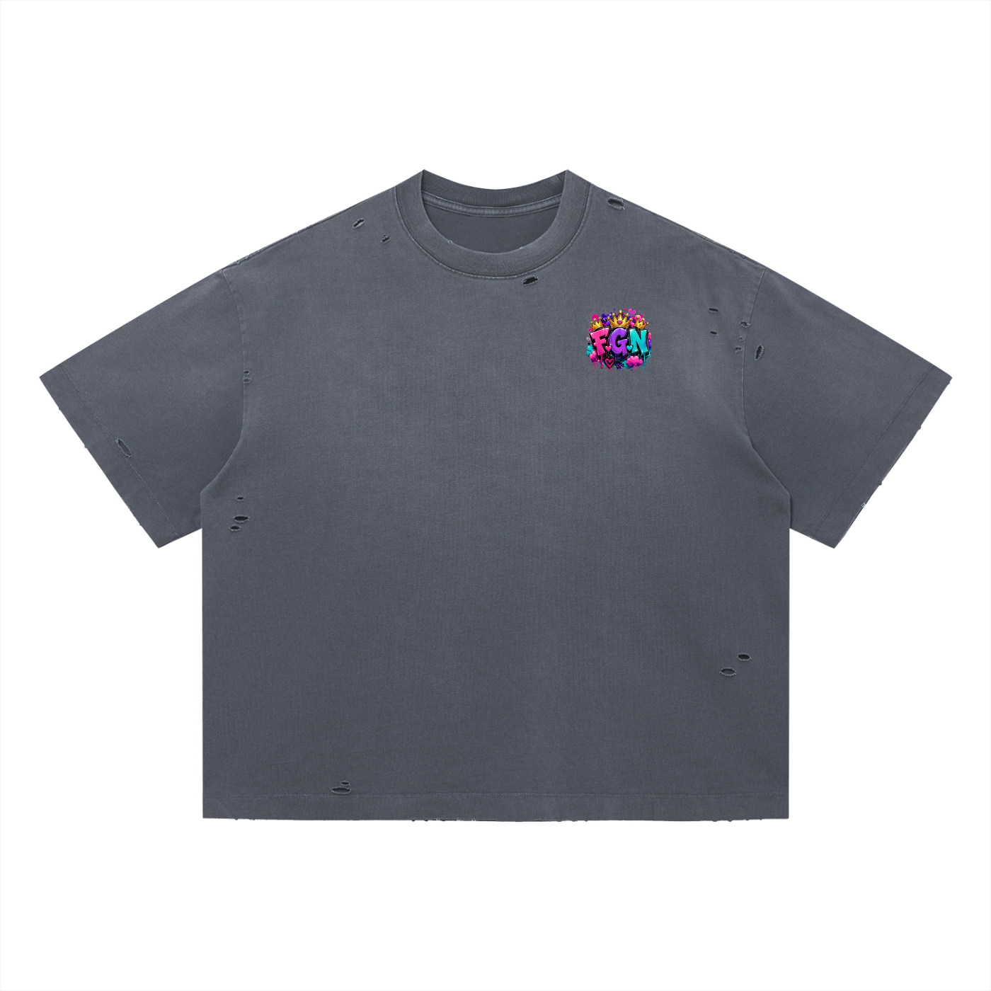 Vintage Washed Distressed Boxy Oversized T-Shirt w/ Custom FGN Logo Front & Graphic Design Zero Fluffs Given...Back