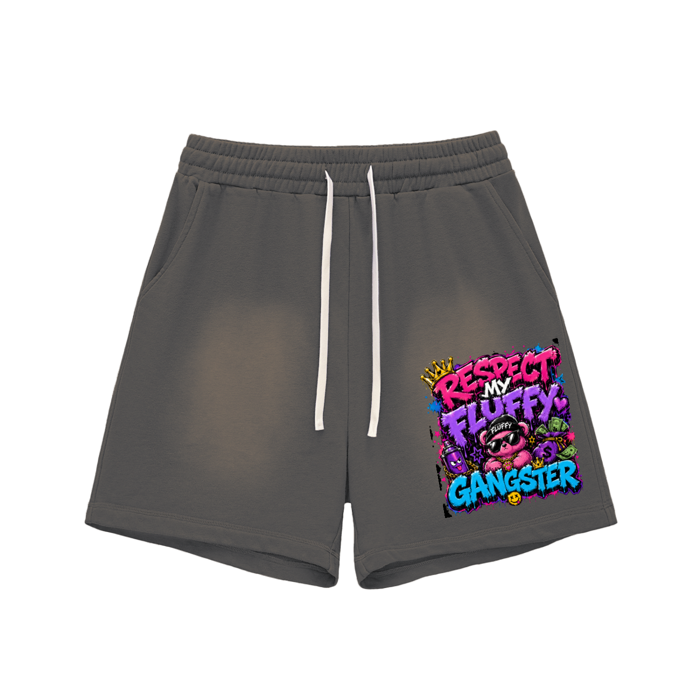 Sun Fade Raw Edge Cotton Shorts w/ Custom Graphic Design _Respect My Fluffy_Front