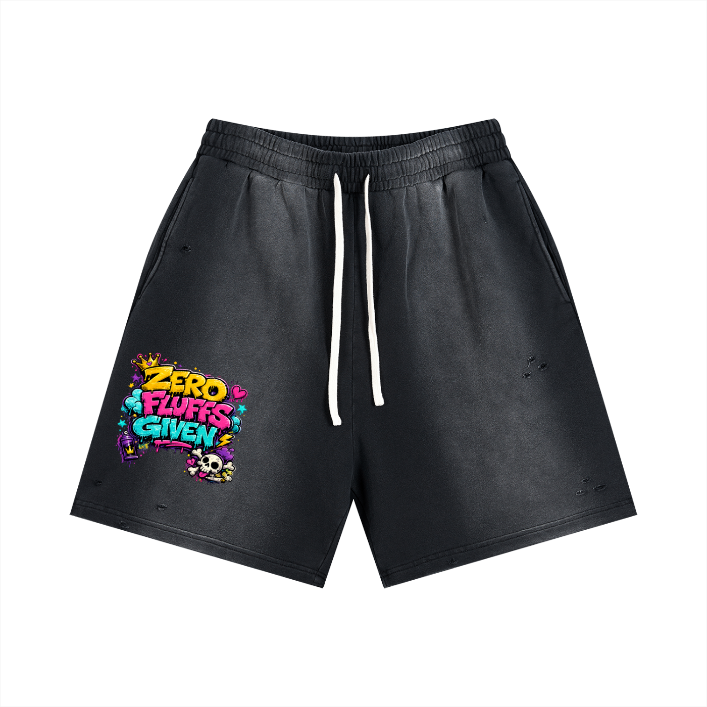 Sun Fade Distressed Shorts w/ Custom Graphic Design Zero Fluffs Given Front & FGN Logo Back