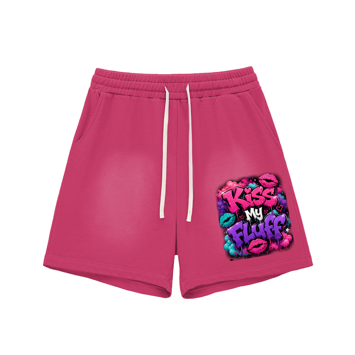 Sun Fade Raw Edge Cotton Shorts w/Custom FGN Kiss My Fluff Graphic Design Front