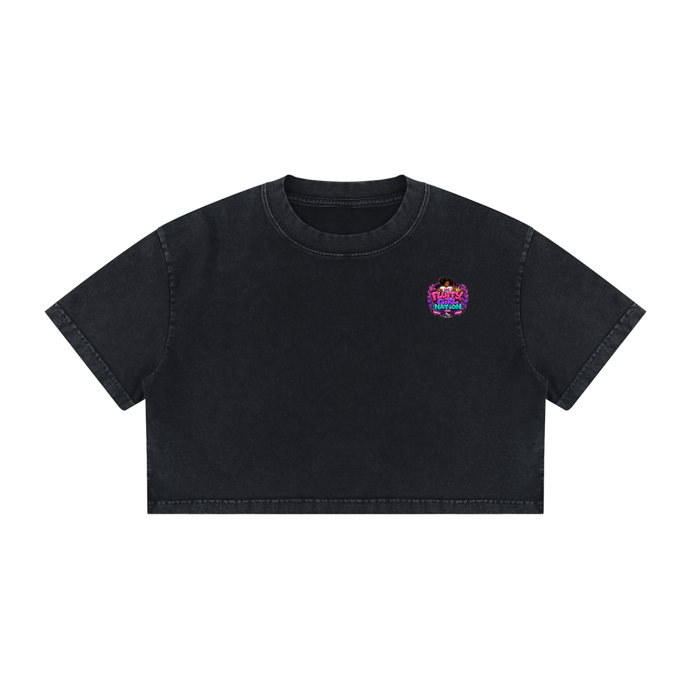 Women's Mineral Wash Cotton Crop T-shirt w/ Custom FGN Logo Front & Graphic Design Fluffy Girls Rule Back