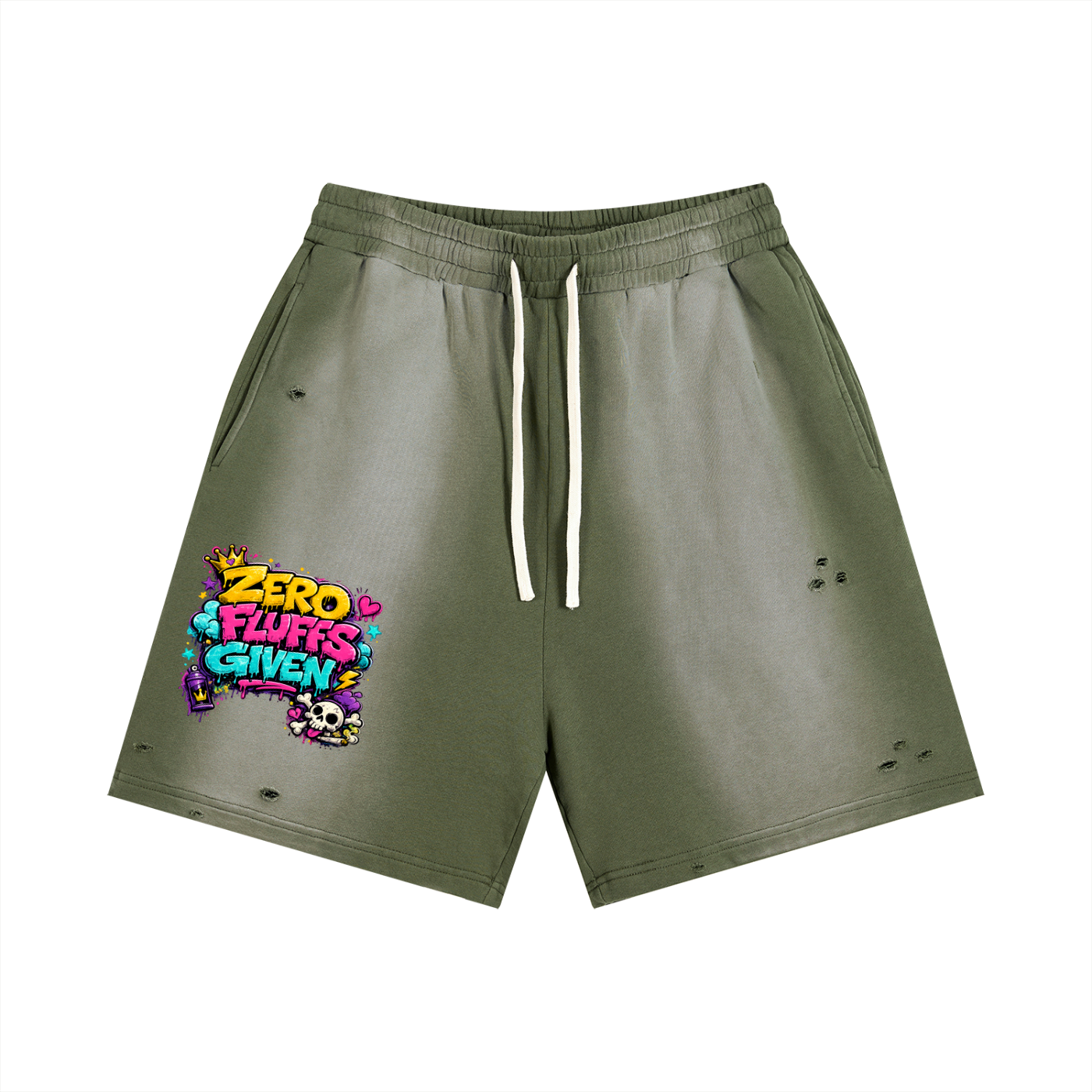 Sun Fade Distressed Shorts w/ Custom Graphic Design Zero Fluffs Given Front & FGN Logo Back