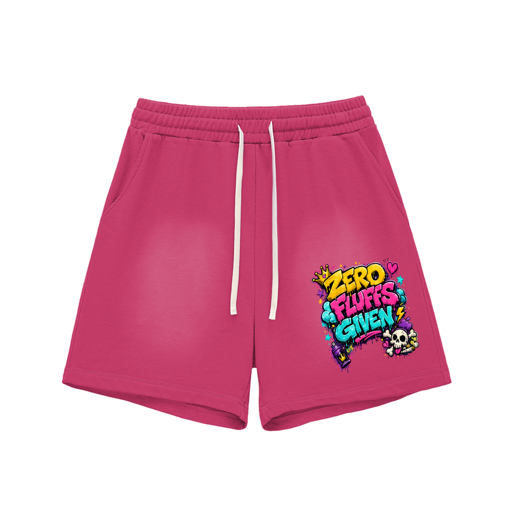 Sun Fade Raw Edge Cotton Shorts w/ Custom Zero Fluffs Given Graphic Design Front