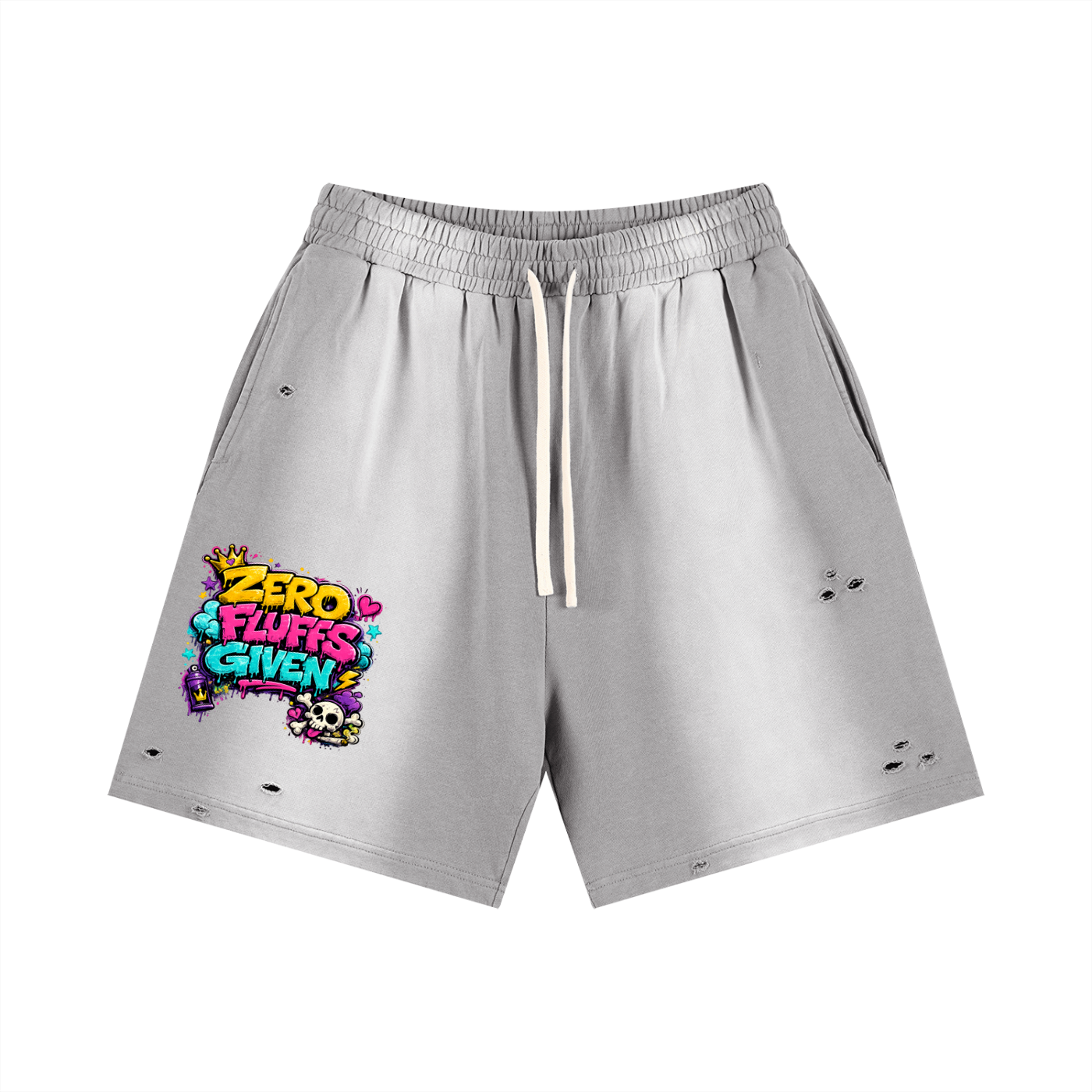 Sun Fade Distressed Shorts w/ Custom Graphic Design Zero Fluffs Given Front & FGN Logo Back