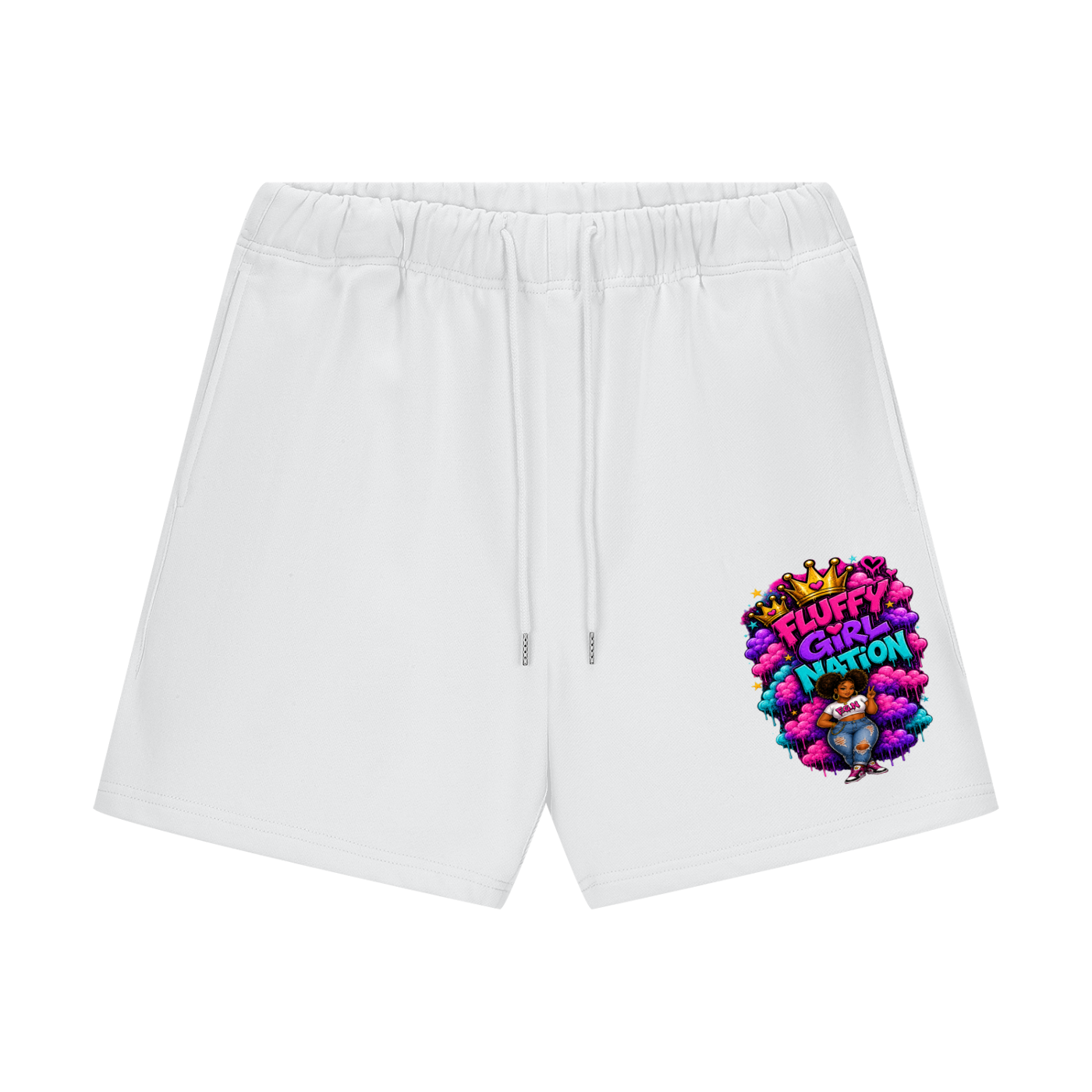 Unisex Heavyweight Fleece Loose Fit Shorts w/ Custom Fluffy Girl Nation Graphic Design Front