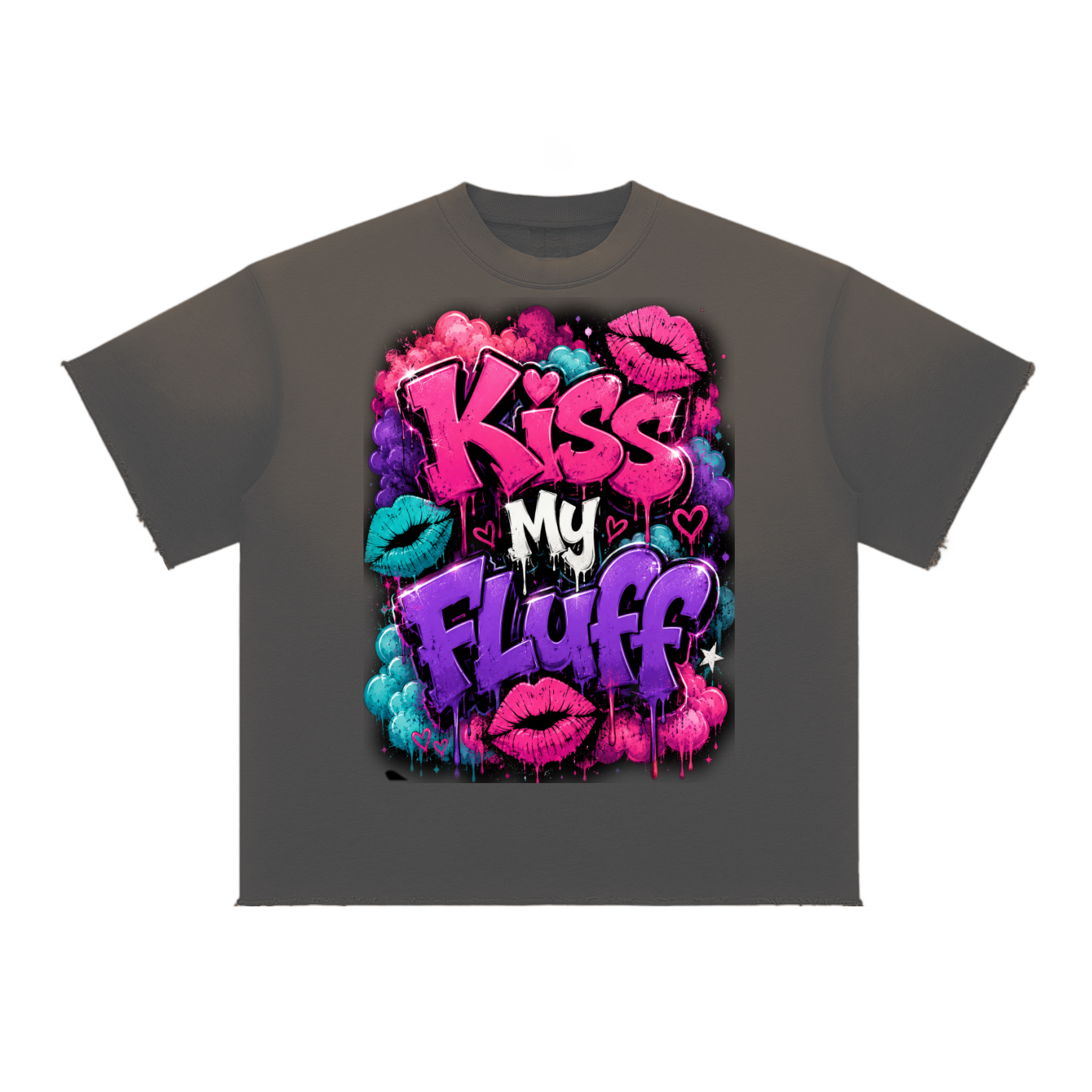 Sun Fade Raw Edge T-Shirt w/ Custom FGN Graphic Design Kiss My Fluff Front & FGN Logo Back