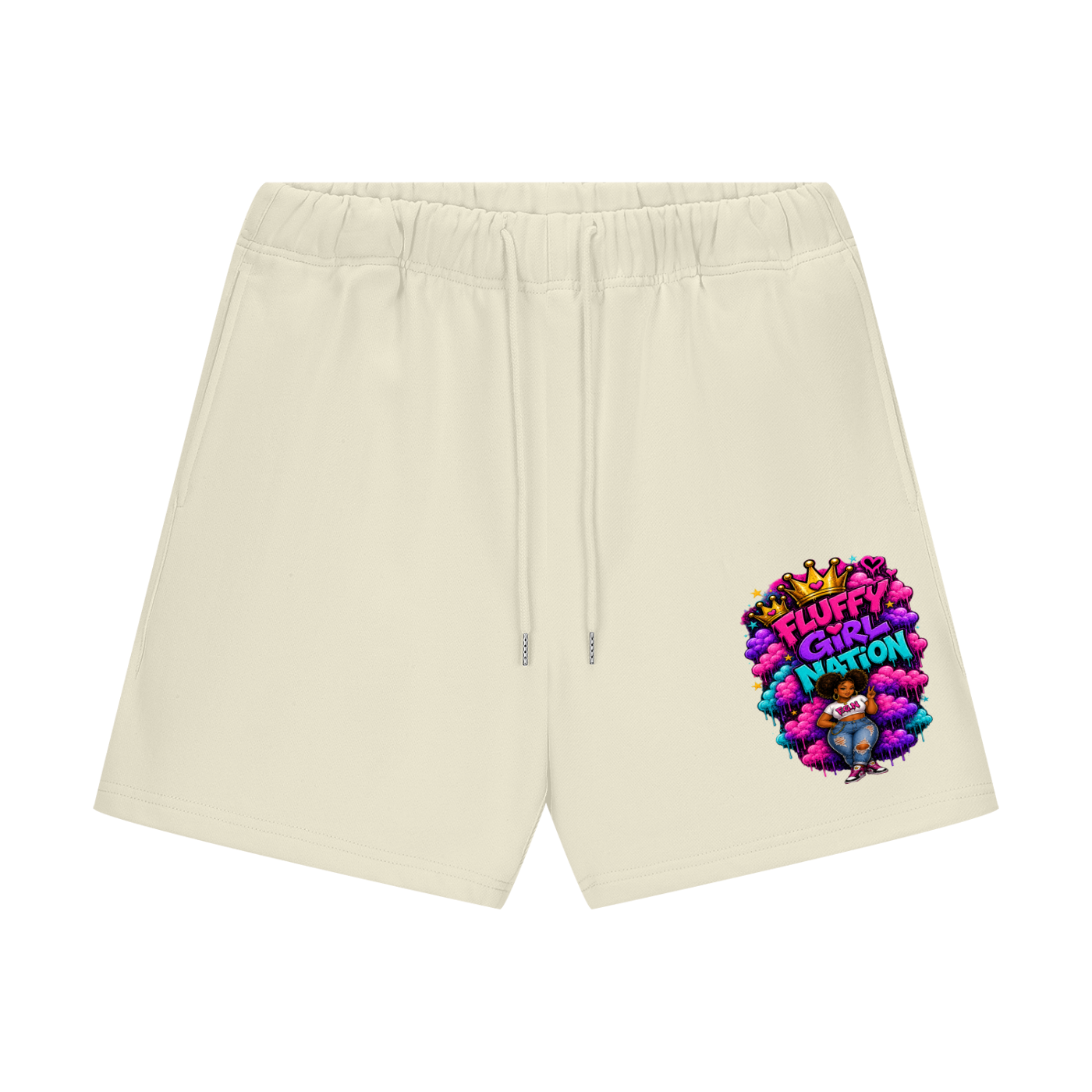 Unisex Heavyweight Fleece Loose Fit Shorts w/ Custom Fluffy Girl Nation Graphic Design Front