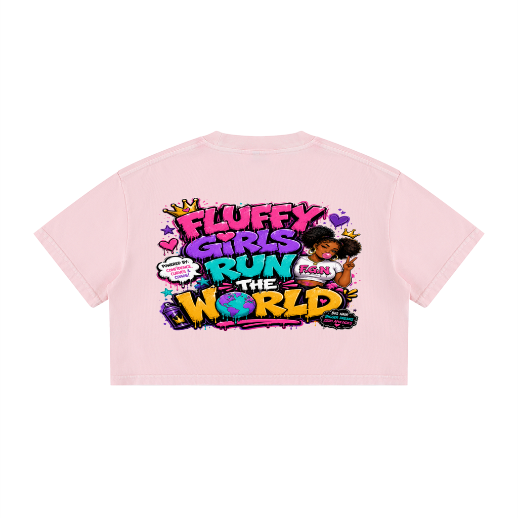Women's Mineral Wash Cotton Crop T-shirt w/ Custom FGN Logo Front & Graphic Design Fluffy Girls Rule Back