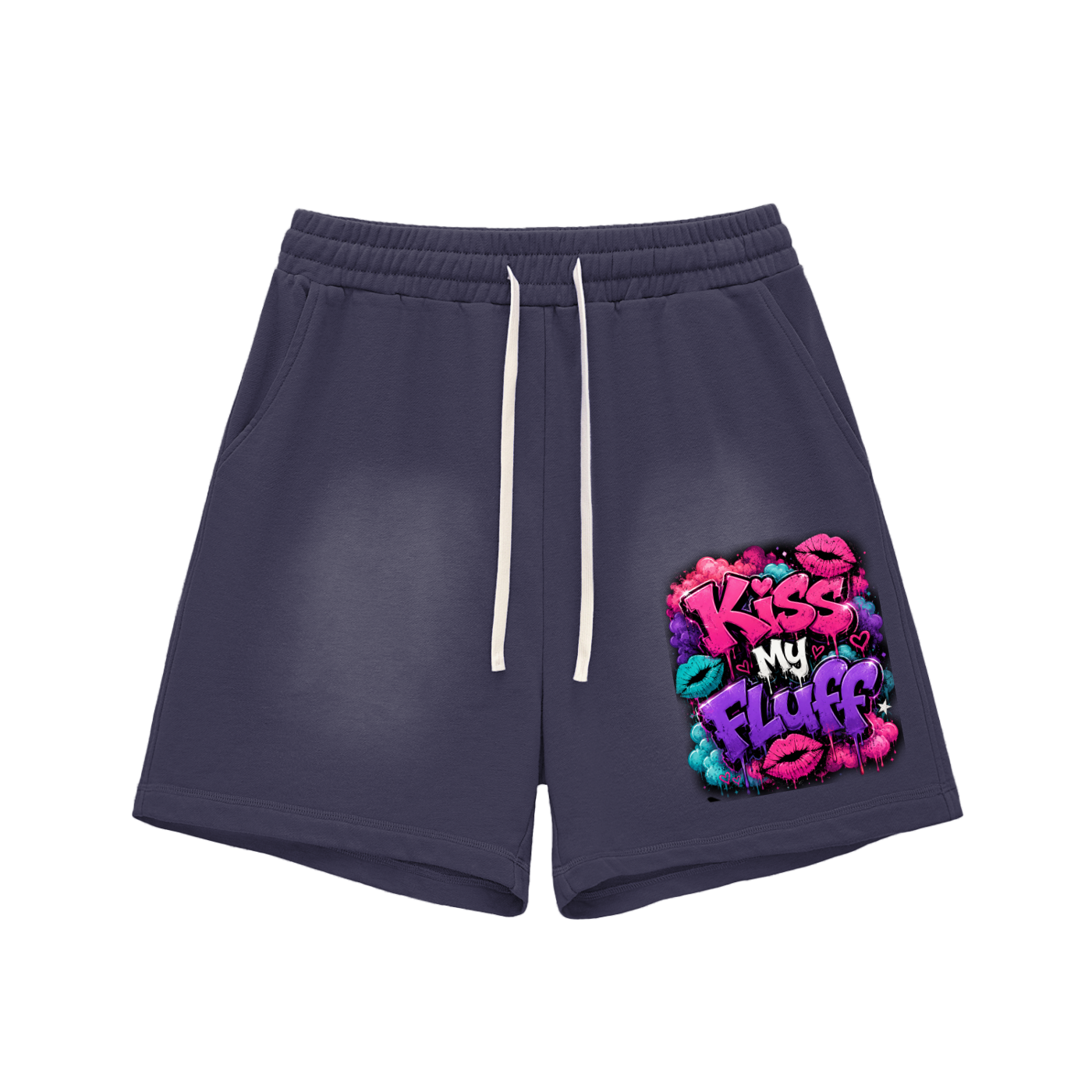 Sun Fade Raw Edge Cotton Shorts w/Custom FGN Kiss My Fluff Graphic Design Front
