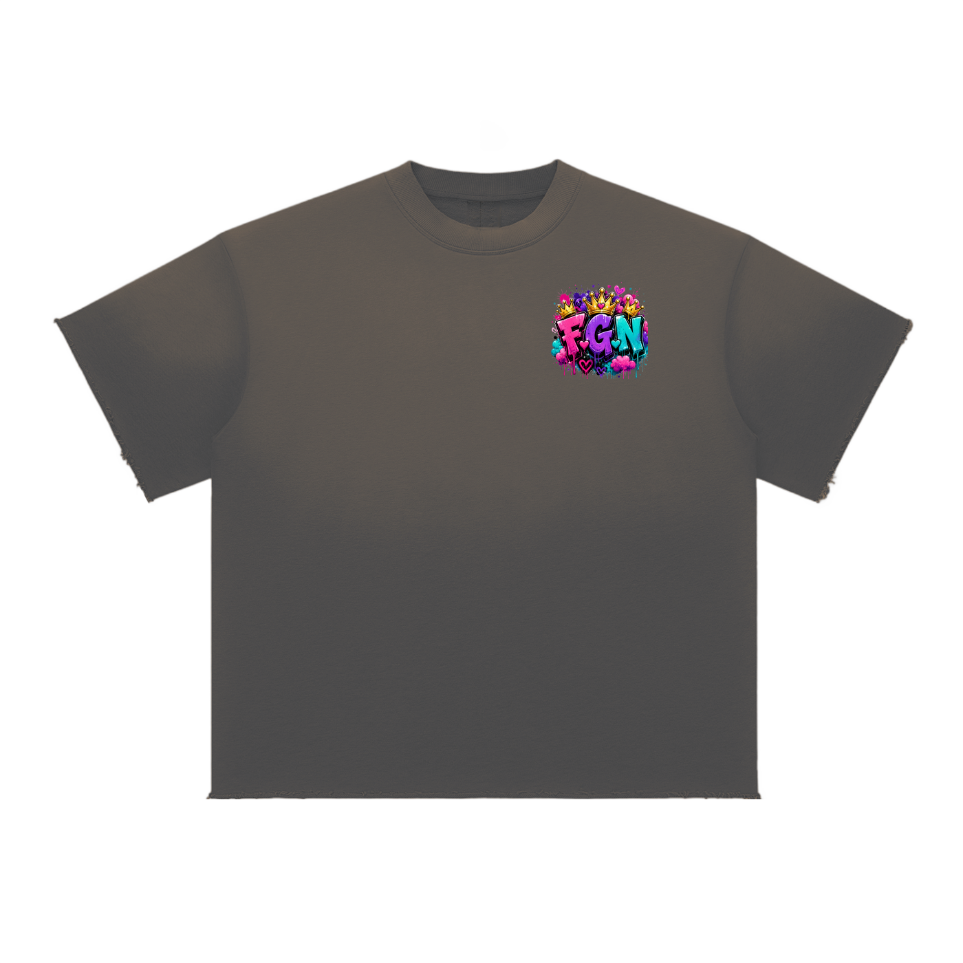 Sun Fade Raw Edge T-Shirt w/ Custom FGN Logo Front & Just Because I'm Fluffy Graphic Design Back