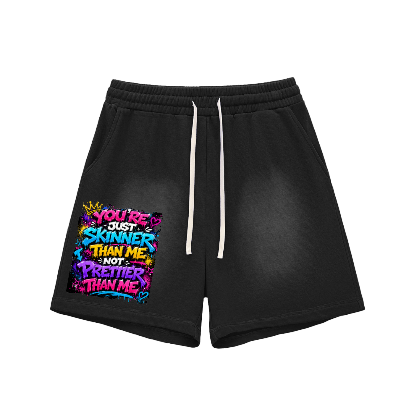 Sun Fade Raw Edge Cotton Shorts w/ Custom Graphic Design -You're Skinnier Than Me_Front