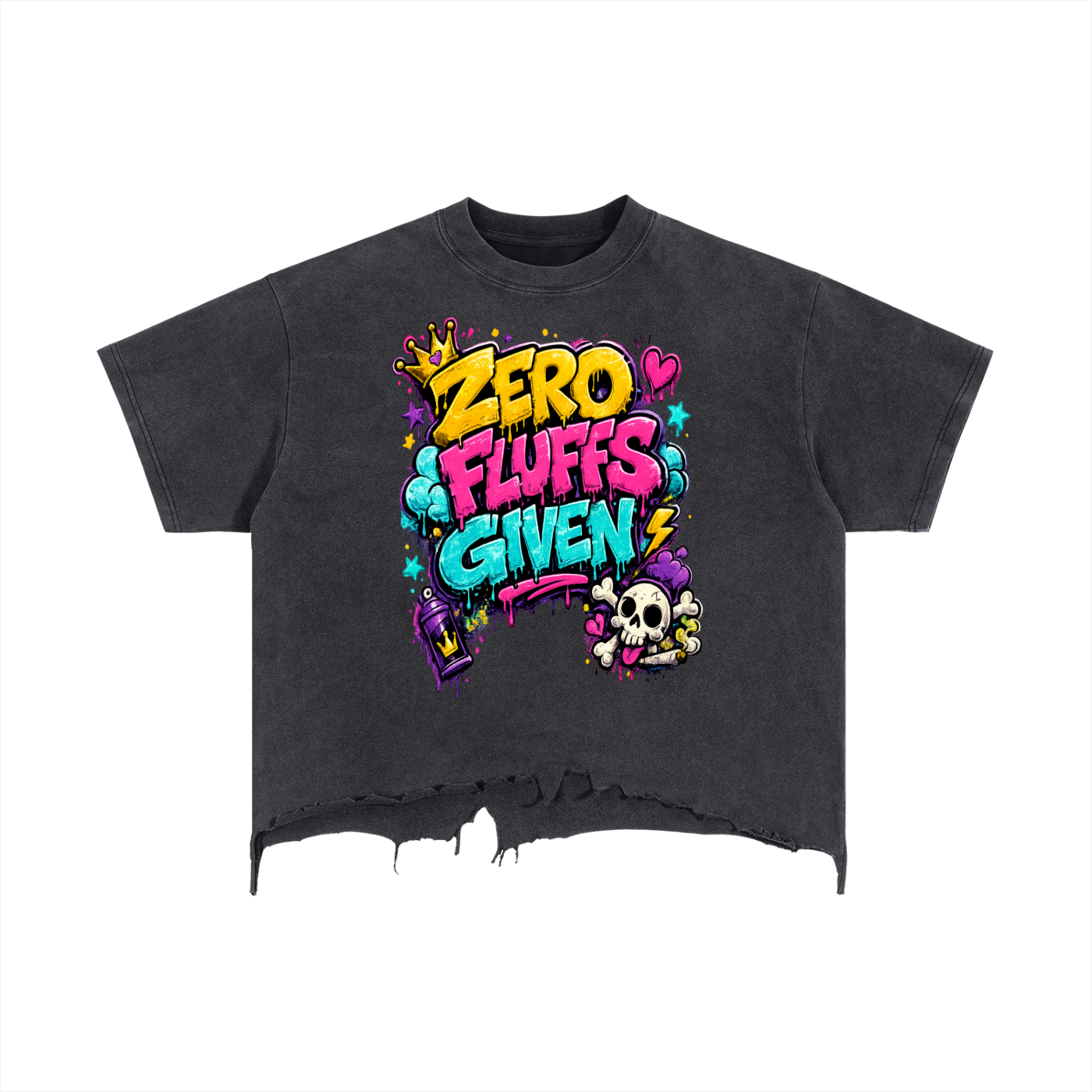 Vintage Wash Boxy Distressed Hem w/ Custom Zero Fluffs Given Graphic Design Front & FGN Logo Back T-Shirt