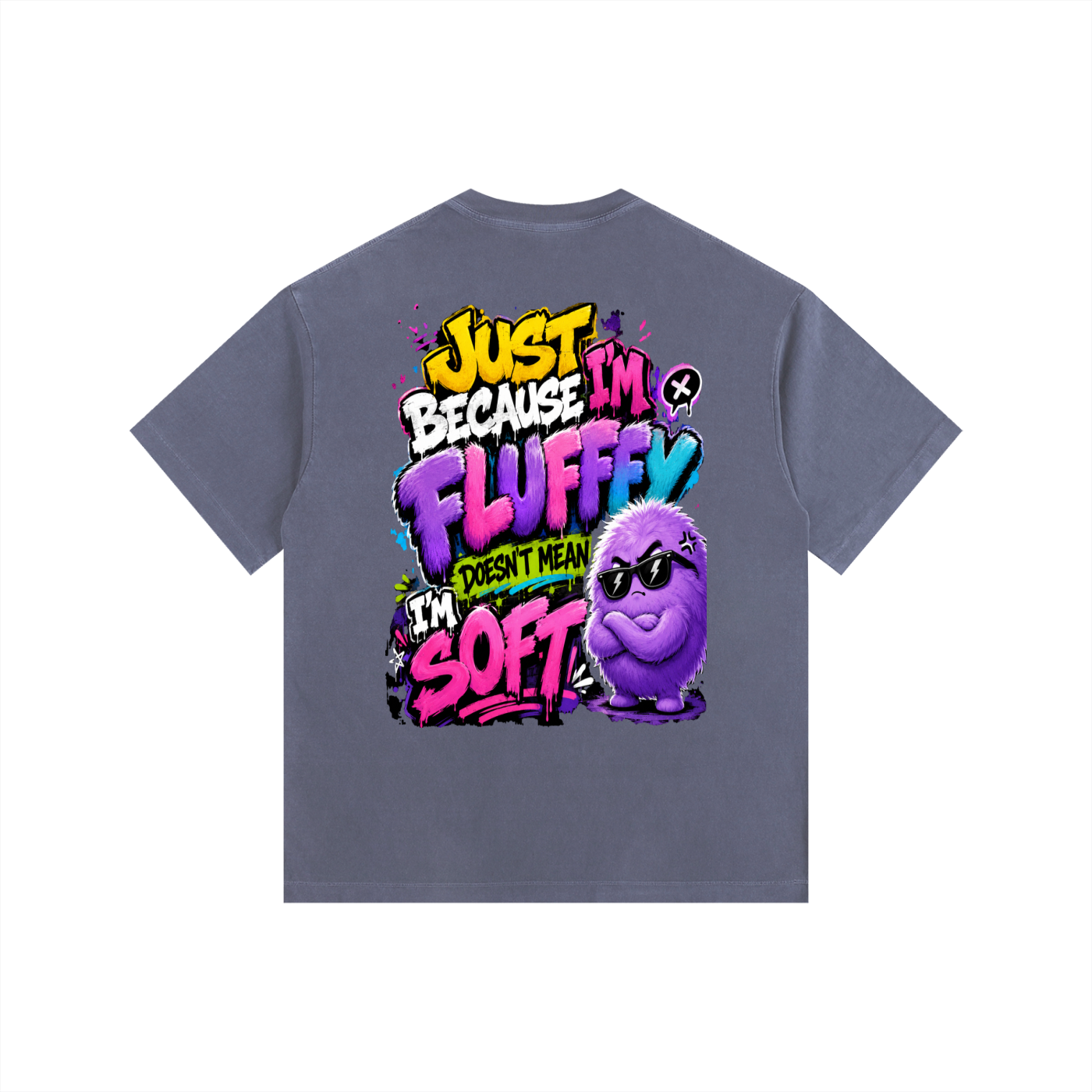 Vintage Washed Oversized Cotton T-Shirt w/ Custom Graphic Design_Just Because I'm Fluffy_Back & FGN Logo_Front