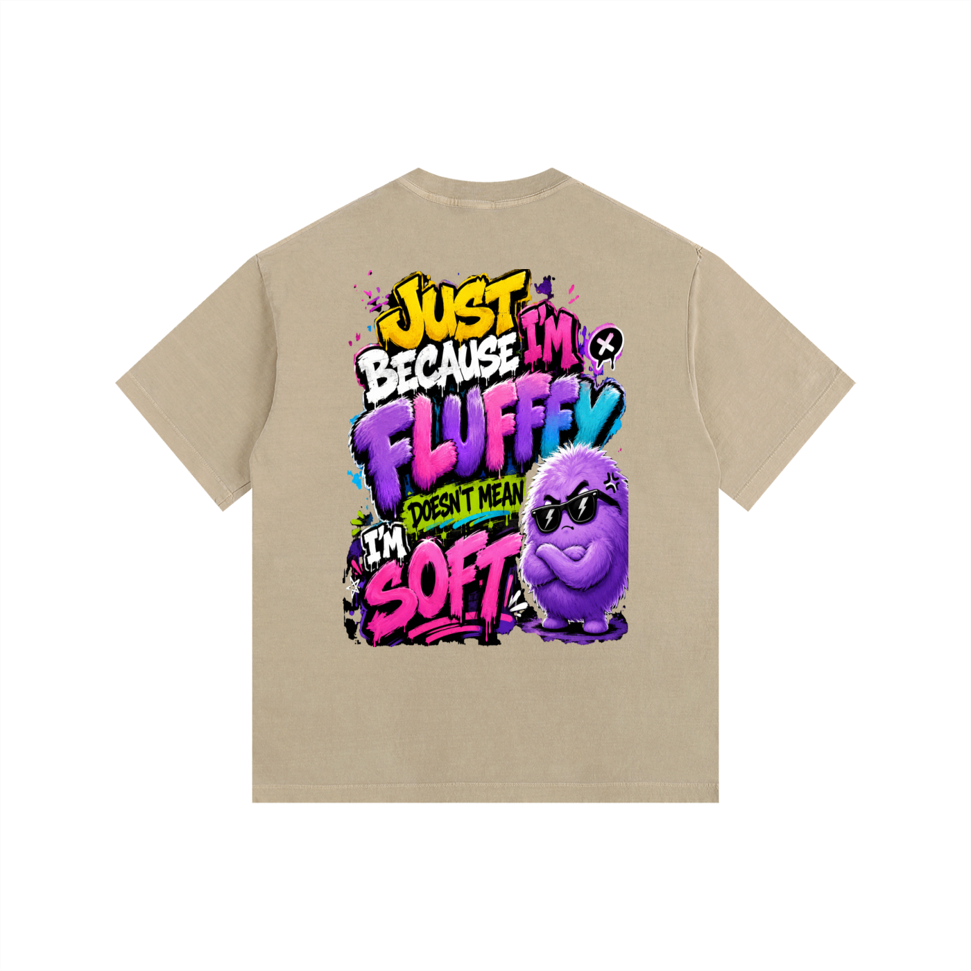 Vintage Washed Oversized Cotton T-Shirt w/ Custom Graphic Design_Just Because I'm Fluffy_Back & FGN Logo_Front