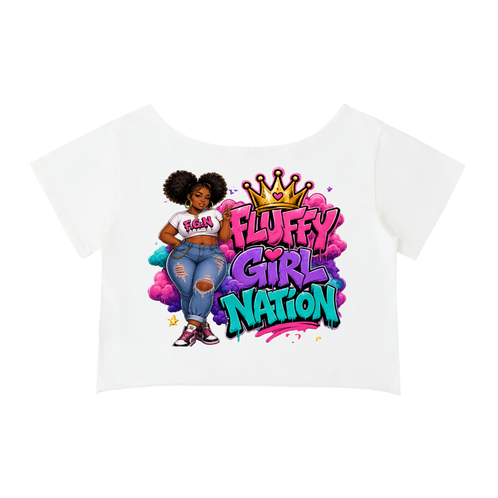 Off-Shoulder Rolled Hem Cotton T-Shirt w/ Custom FGN Logo Front & FGN w/Girl Graphic Design Back