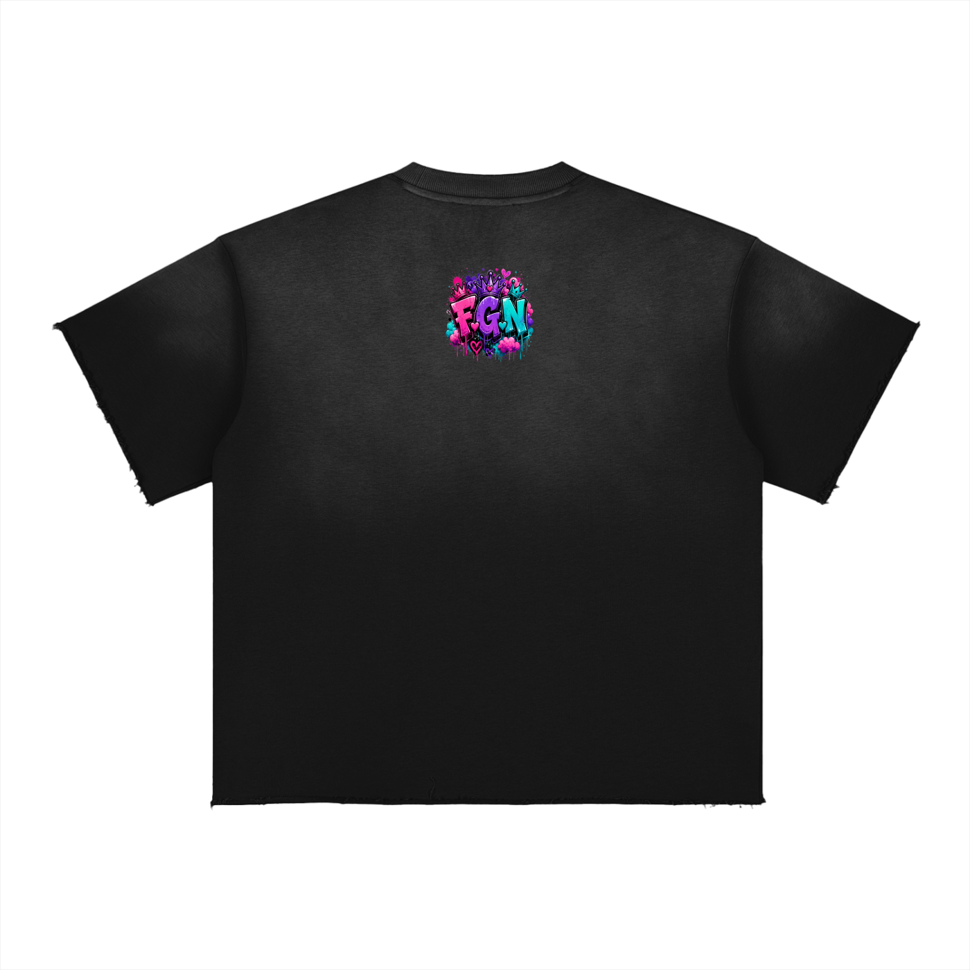Sun Fade Raw Edge T-Shirt w/ Custom FGN Graphic Design Kiss My Fluff Front & FGN Logo Back