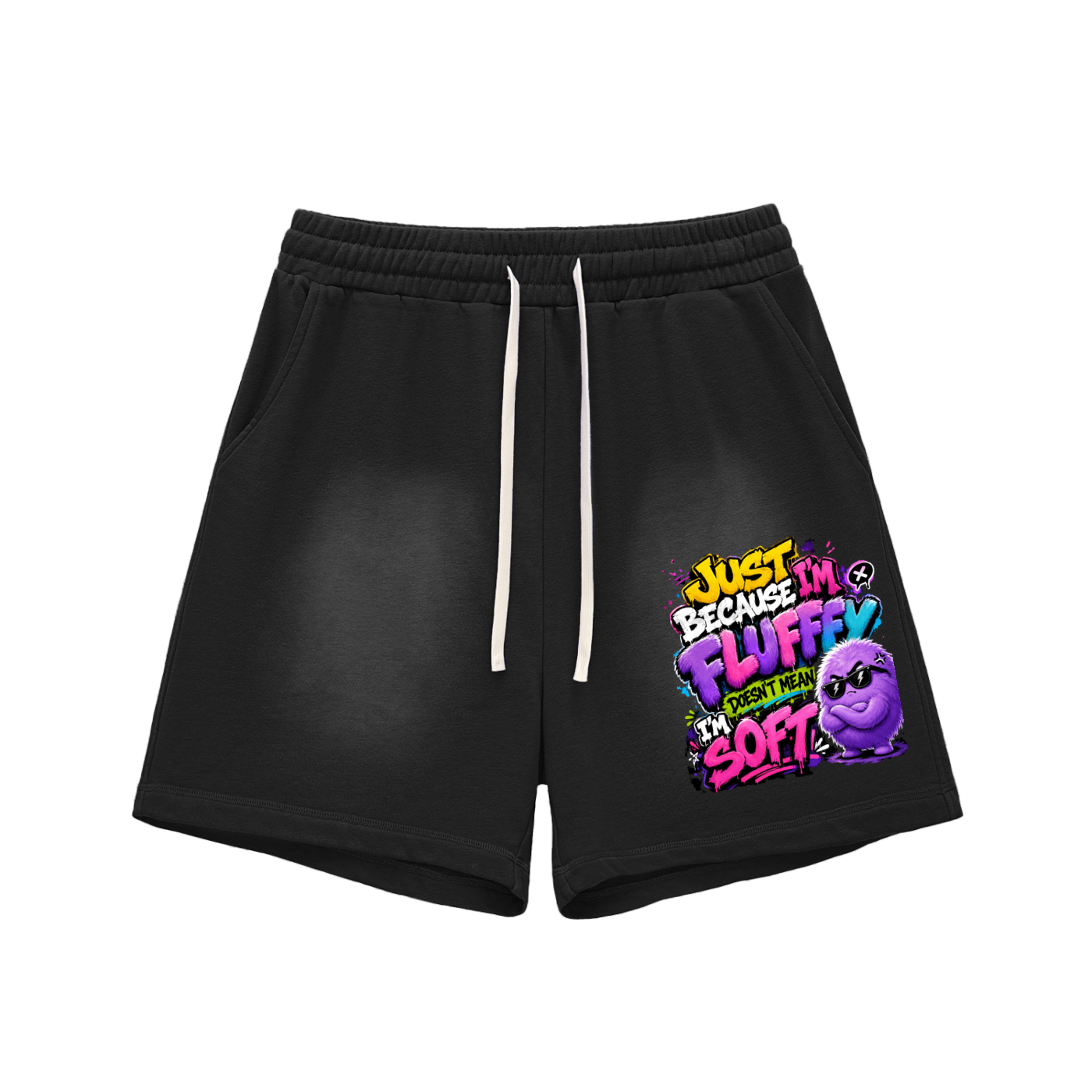 Sun Fade Raw Edge Cotton Shorts w/ Custom FGN Graphic Design-Just Because I'm Fluffy Front