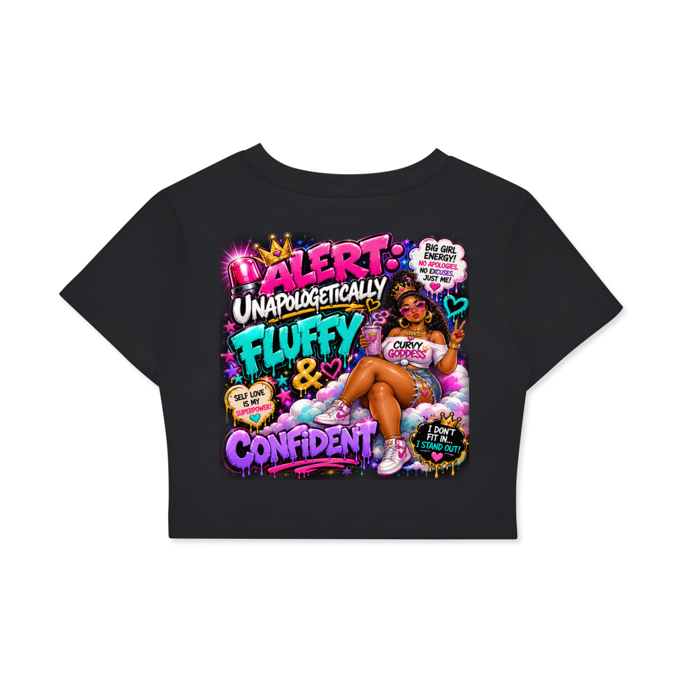Fitted Crop Cotton T-Shirt w/ Custom FGN Graphic Design_Unapologetically Fluffy_Back & FGN Logo_Front