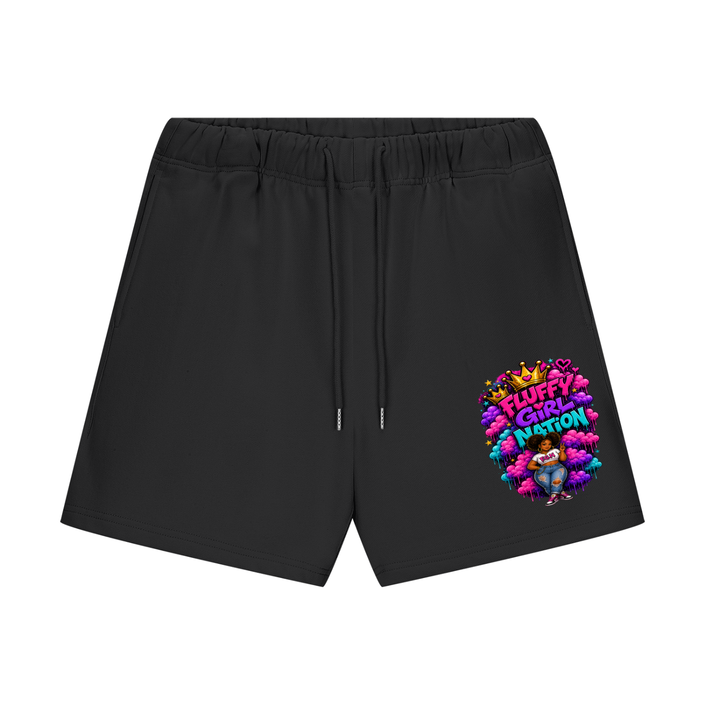 Unisex Heavyweight Fleece Loose Fit Shorts w/ Custom Fluffy Girl Nation Graphic Design Front